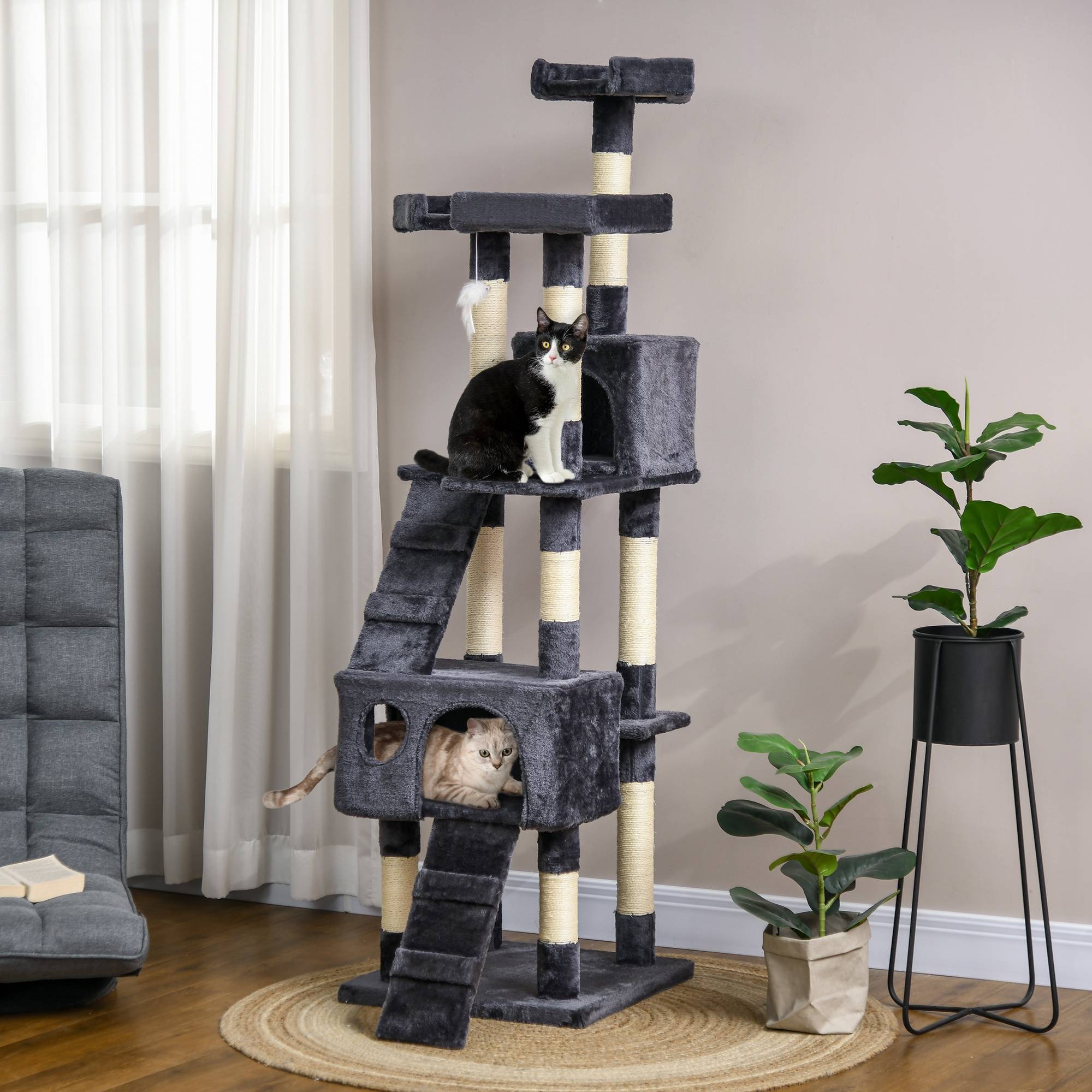 Arbre à Chat XXL Tour à Griffer Multi-Niveaux avec Niches et Poteaux Sisal 173 cm Gris Foncé - ComfortXL Outdoor Living - Image 4