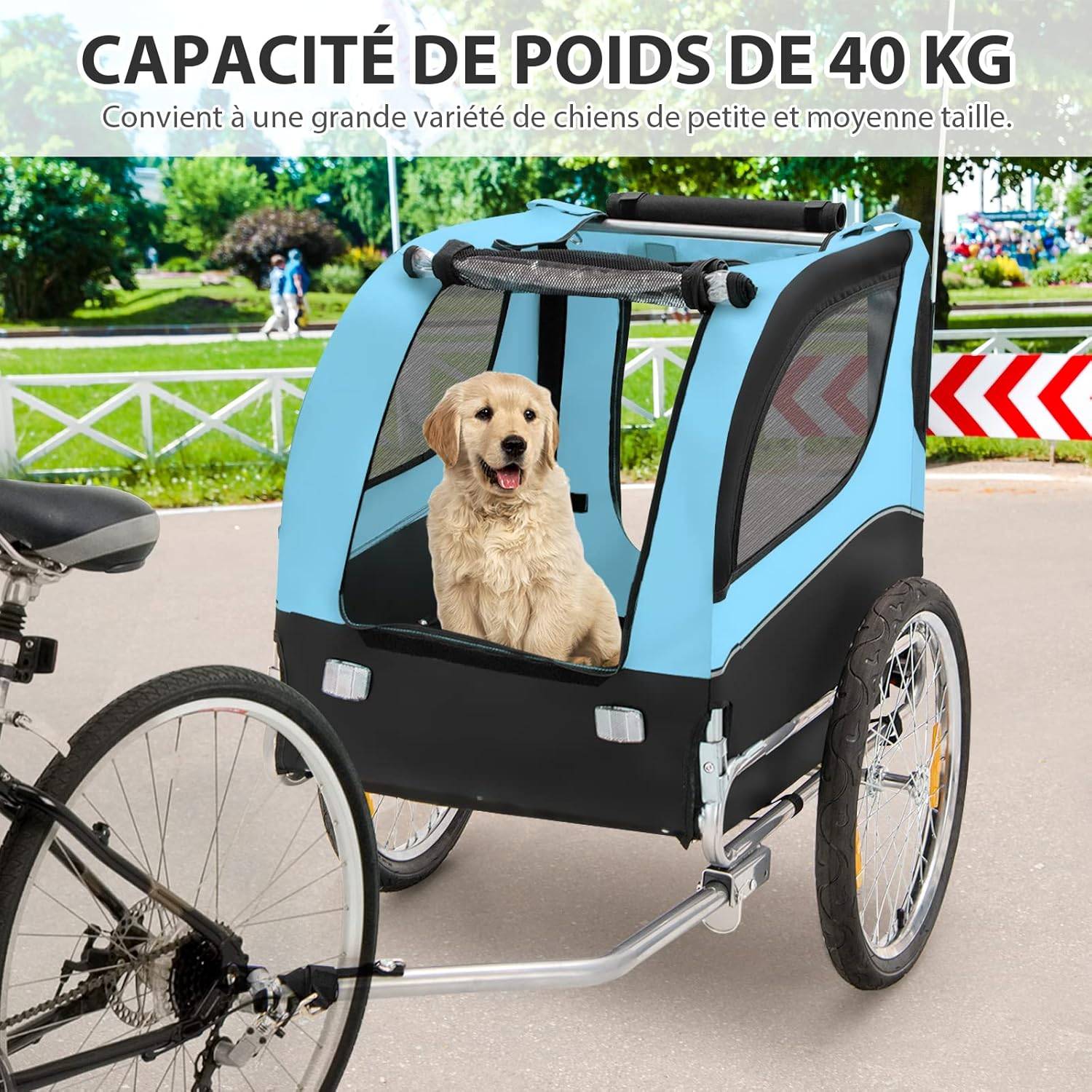 Remorque Velo Pliable pour Chien Animaux en Oxford Canvas, Poussette de Transport Chien avec Drapeau, 8 Reflecteurs, Charge Max 40 kg, Bleu - Image 5