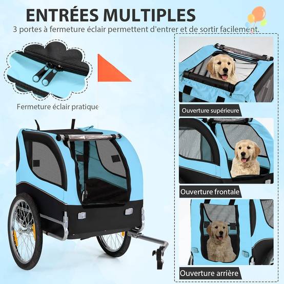 Remorque Velo Pliable pour Chien Animaux en Oxford Canvas, Poussette de Transport Chien avec Drapeau, 8 Reflecteurs, Charge Max 40 kg, Bleu - Image 1