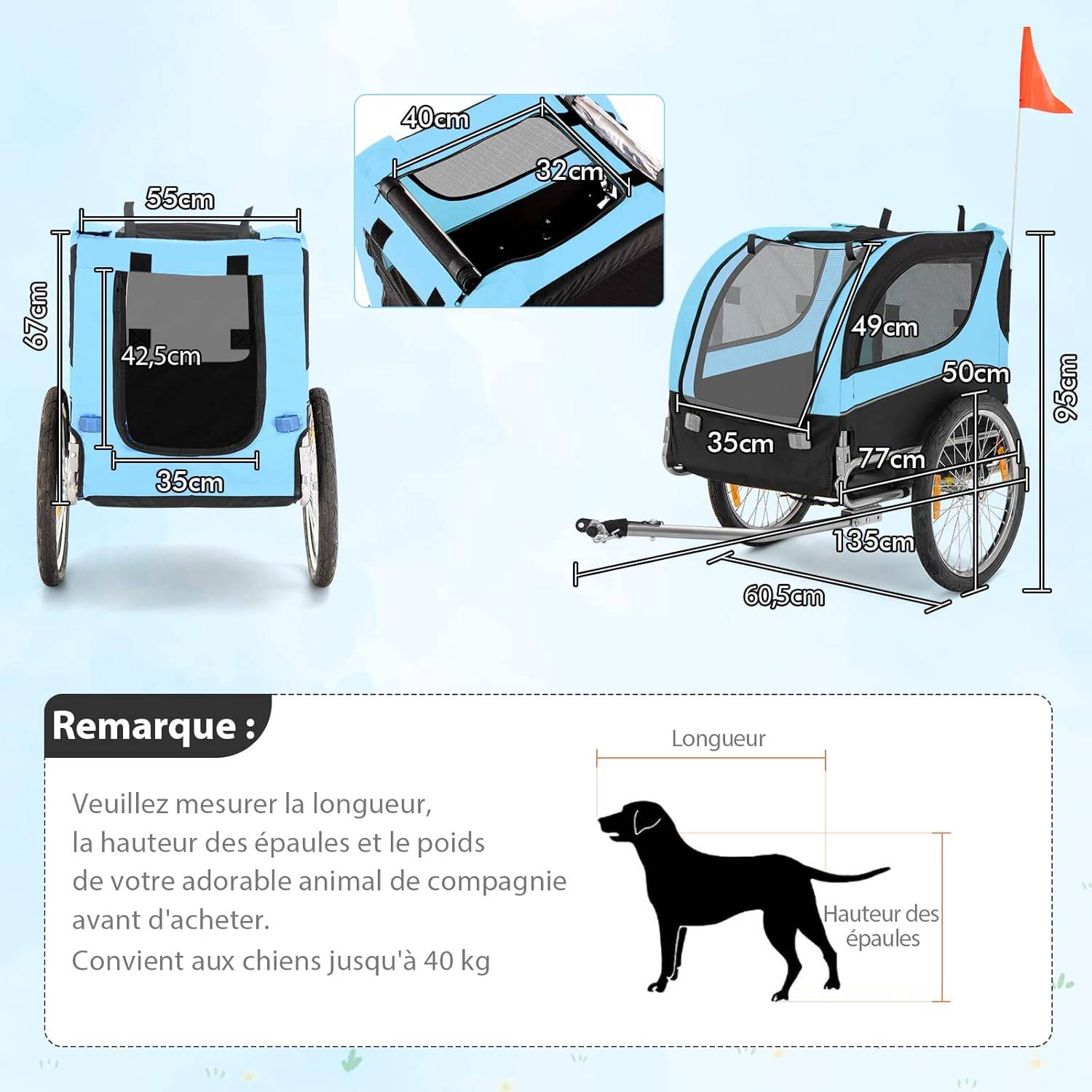 Remorque Velo Pliable pour Chien Animaux en Oxford Canvas, Poussette de Transport Chien avec Drapeau, 8 Reflecteurs, Charge Max 40 kg, Bleu - Image 4