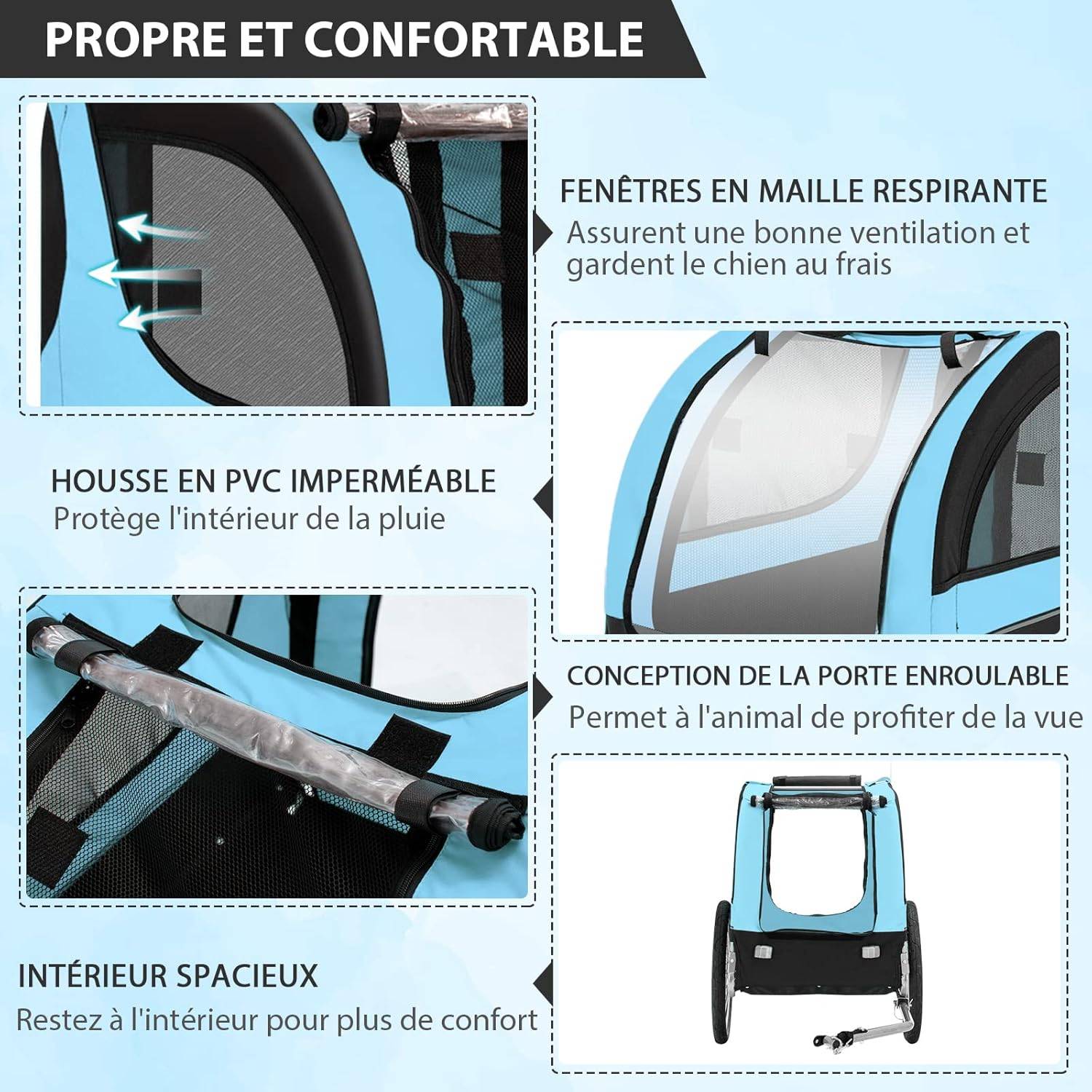 Remorque Velo Pliable pour Chien Animaux en Oxford Canvas, Poussette de Transport Chien avec Drapeau, 8 Reflecteurs, Charge Max 40 kg, Bleu - Image 3