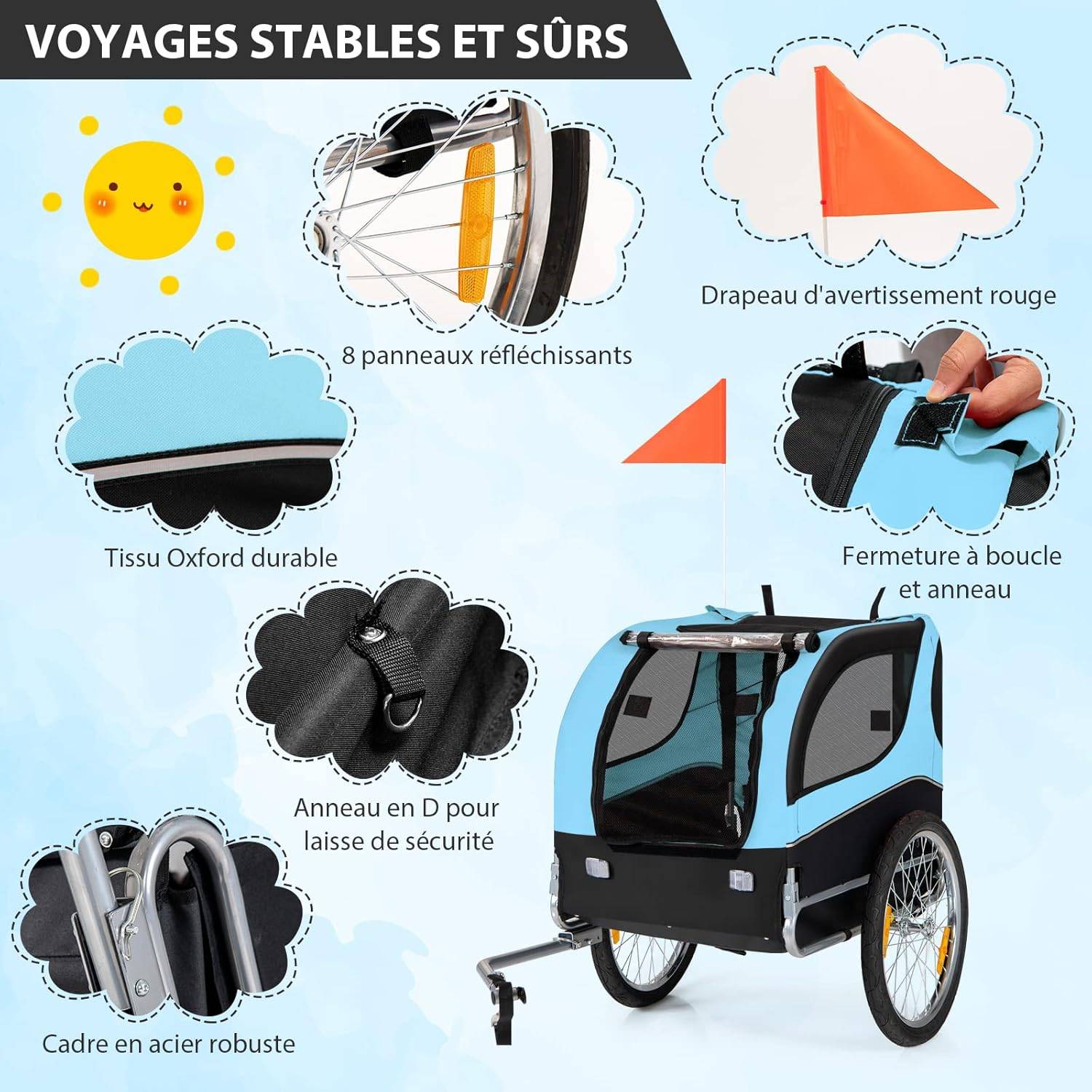 Remorque Velo Pliable pour Chien Animaux en Oxford Canvas, Poussette de Transport Chien avec Drapeau, 8 Reflecteurs, Charge Max 40 kg, Bleu - Image 2