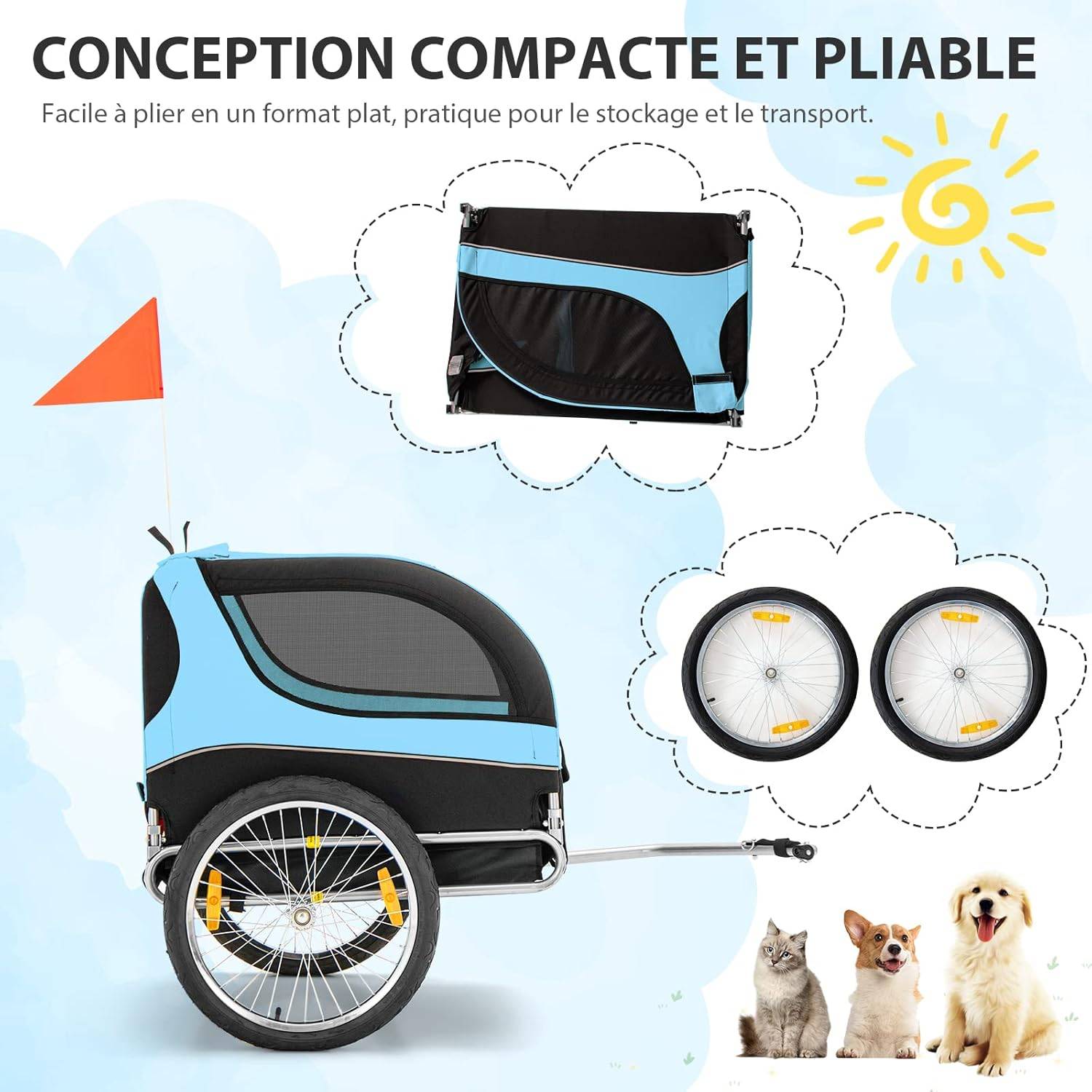 Remorque Velo Pliable pour Chien Animaux en Oxford Canvas, Poussette de Transport Chien avec Drapeau, 8 Reflecteurs, Charge Max 40 kg, Bleu - Image 6