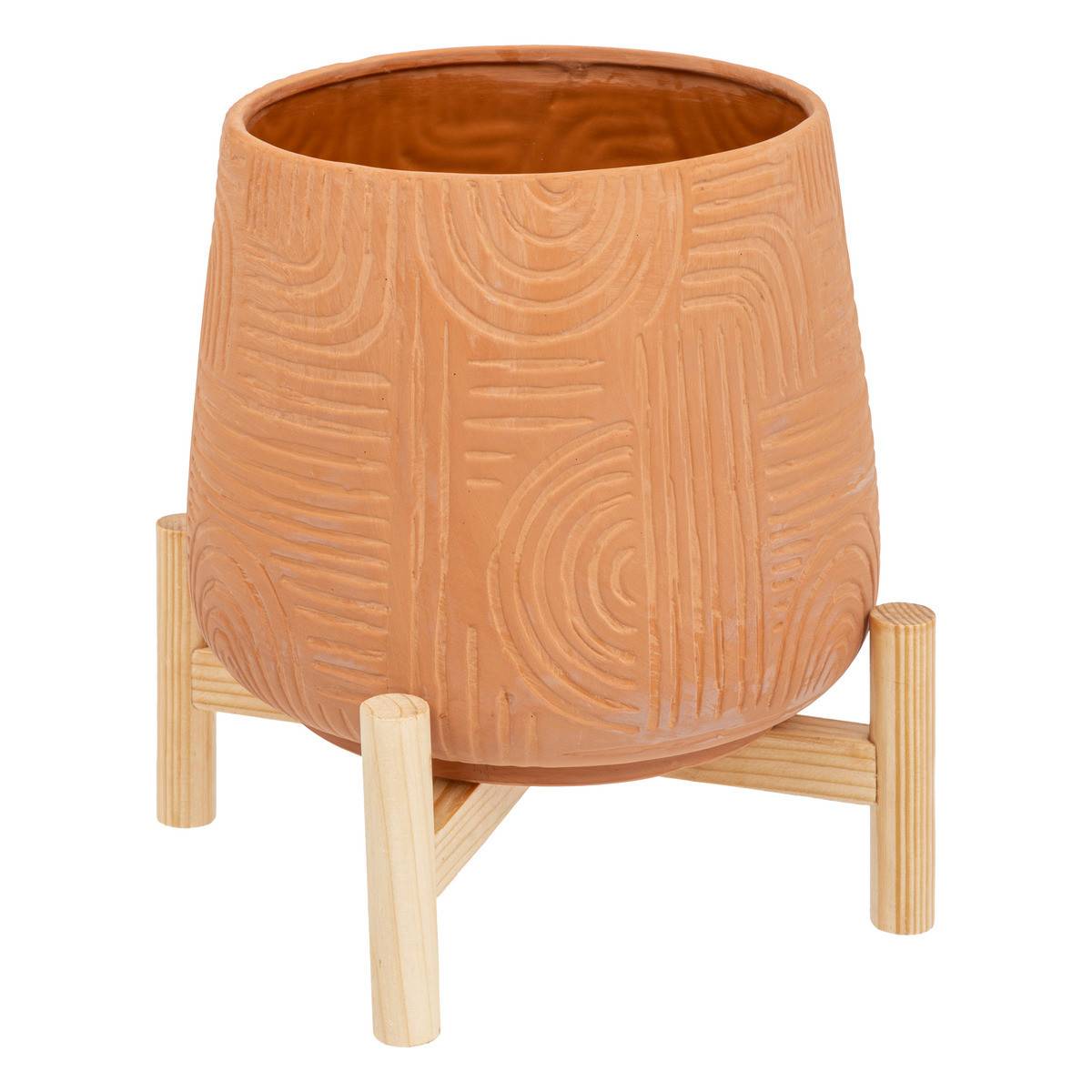 Cache pot en Terre cuite  sculptée de motifs sur support en Bambou D 20 cm - Image 1