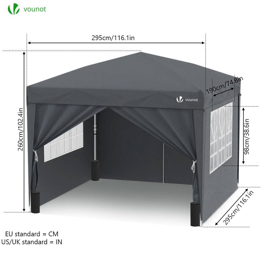 VOUNOT® Tonnelle de jardin 3x3m pliable avec portes et fenêtres et sac de transport gris - Image 3