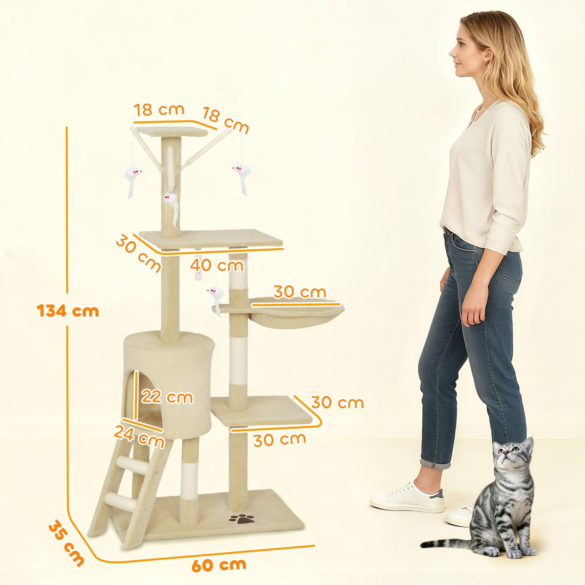 Arbre à chat beige 134 cm, griffoir, 6 poteaux, 3 plateformes, grotte, hamac, échelle, 4 jouets suspendus - Image 5