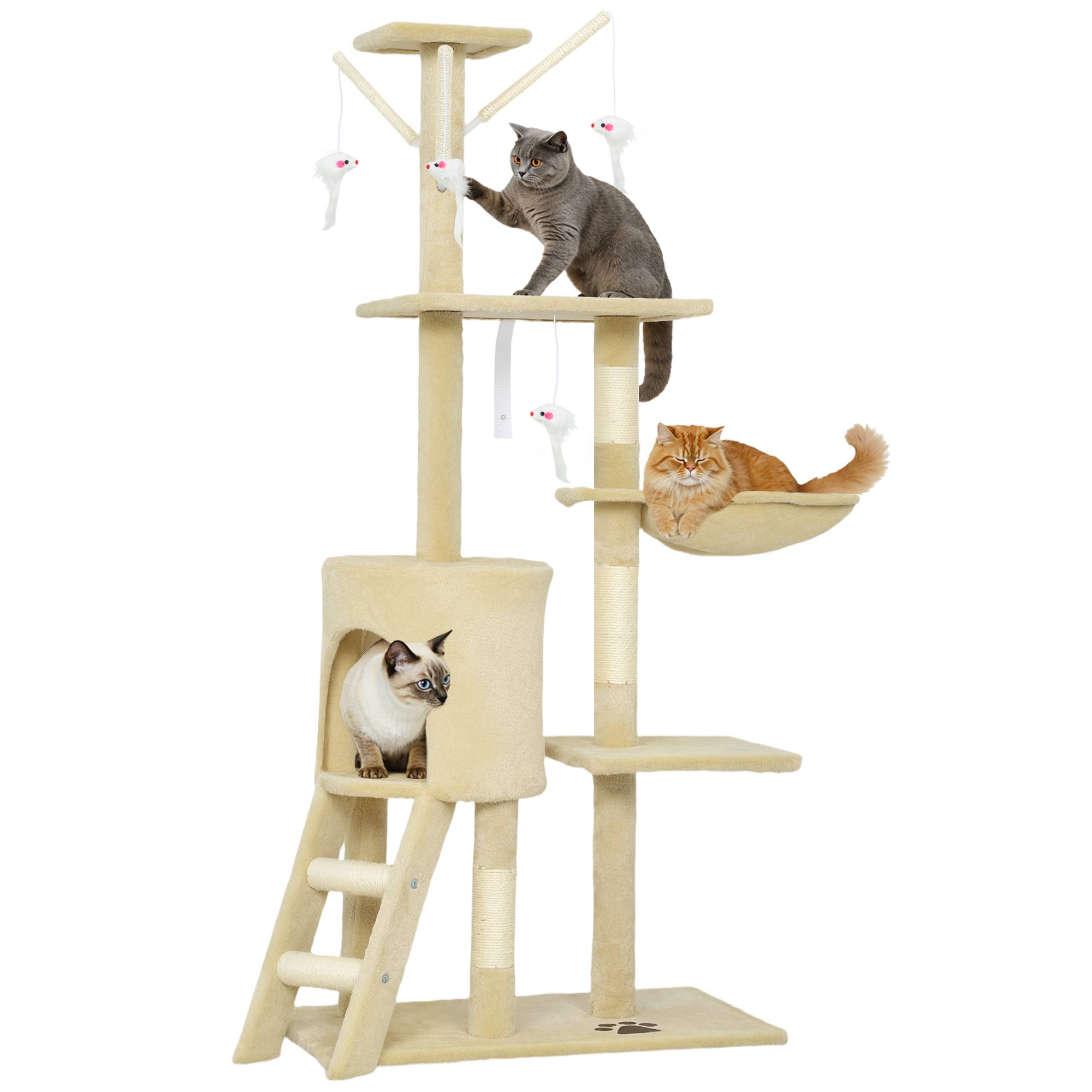 Arbre à chat beige 134 cm, griffoir, 6 poteaux, 3 plateformes, grotte, hamac, échelle, 4 jouets suspendus - Image 1