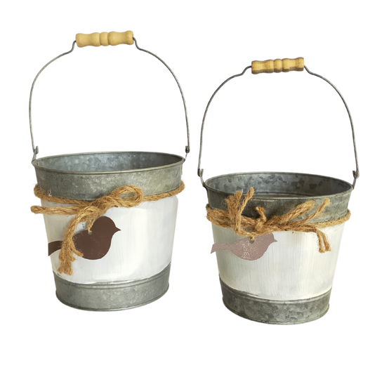 ~ Set de 2 seaux en métal blanc gris et marron Ht.15-17 cm Chemin de campagne - Image 1