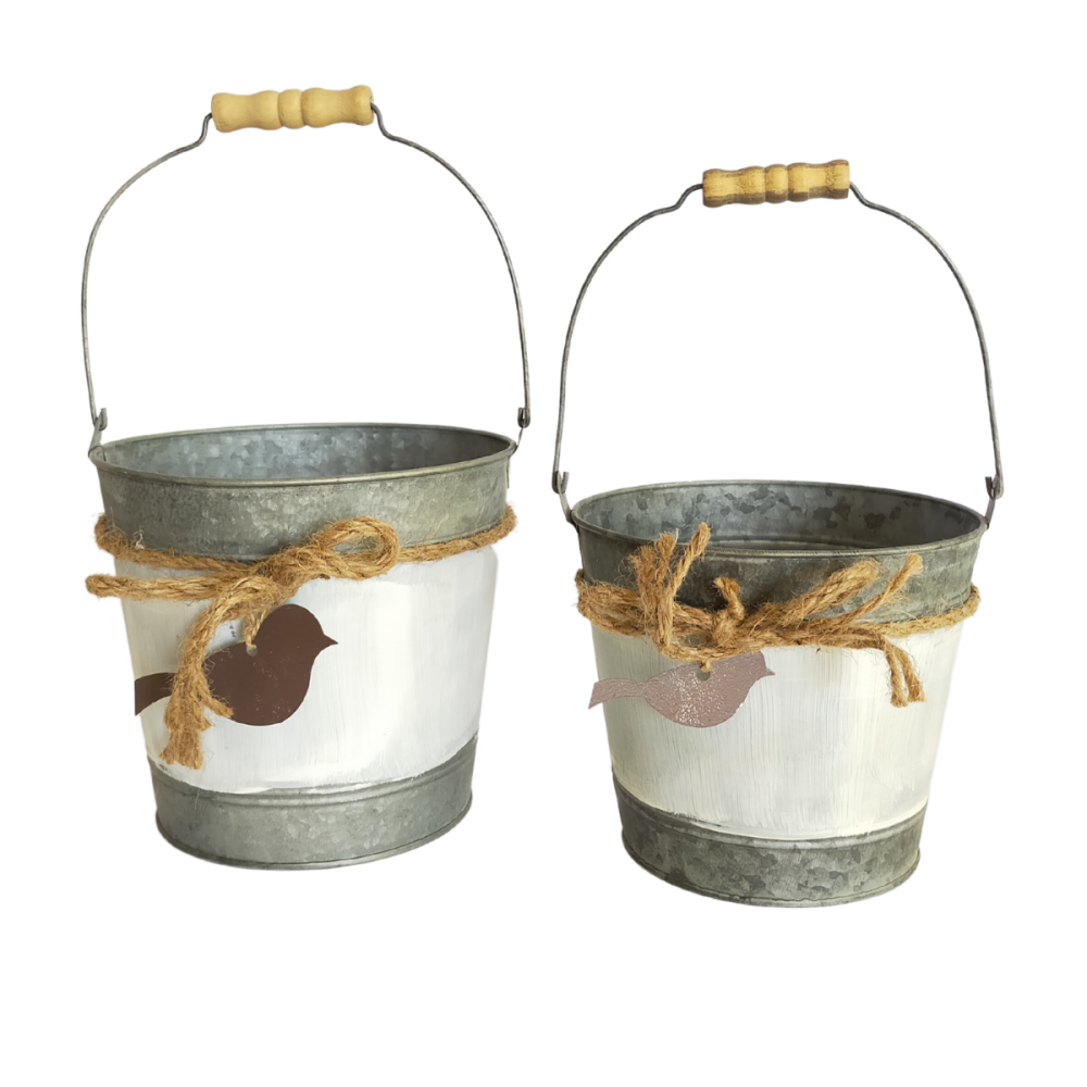 ~ Set de 2 seaux en métal blanc gris et marron Ht.15-17 cm Chemin de campagne