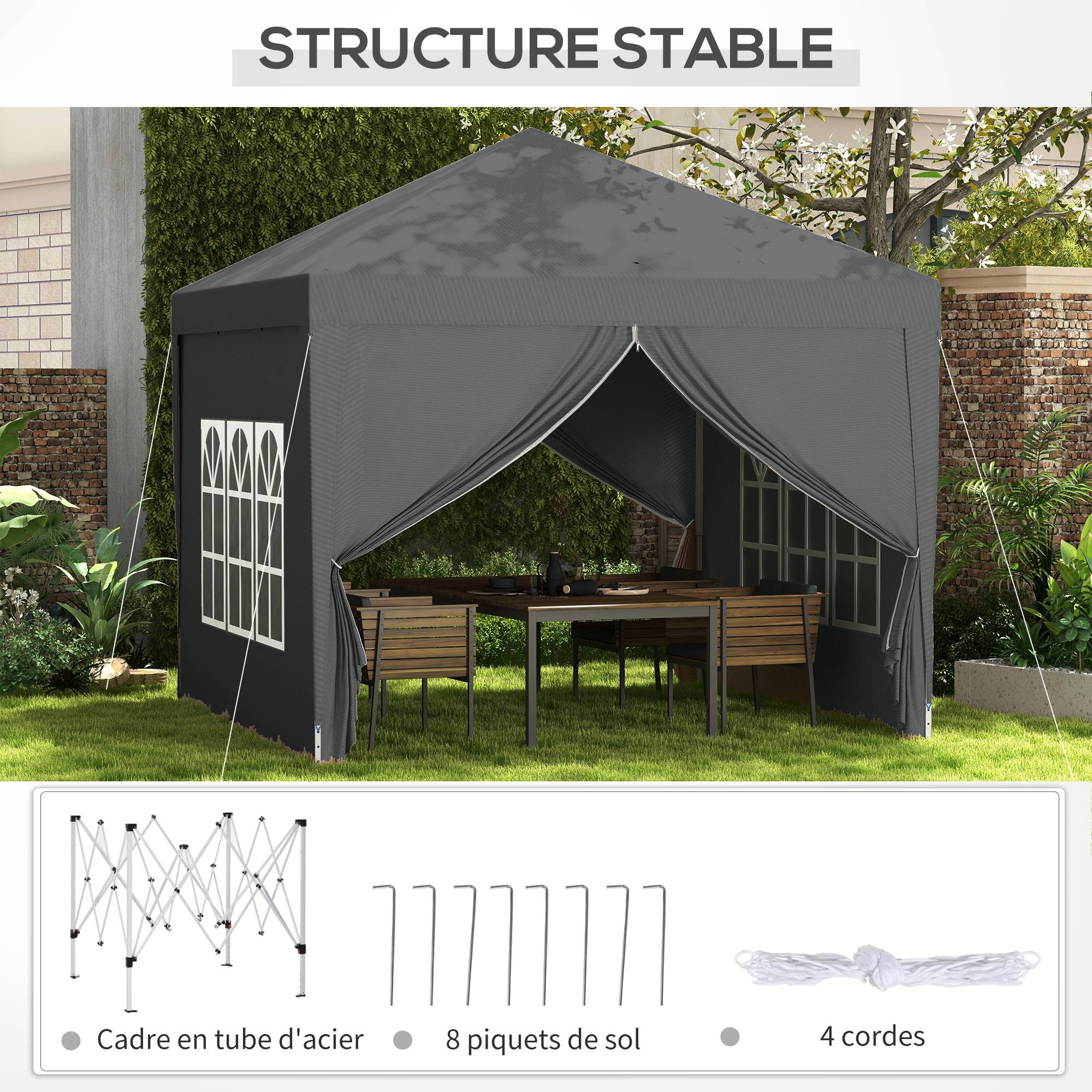 Barnum Tonnelle Pliante Acier Jardin Réception Protection UV Fenêtres 3x3m Gris - ComfortXL Outdoor Living - Image 9