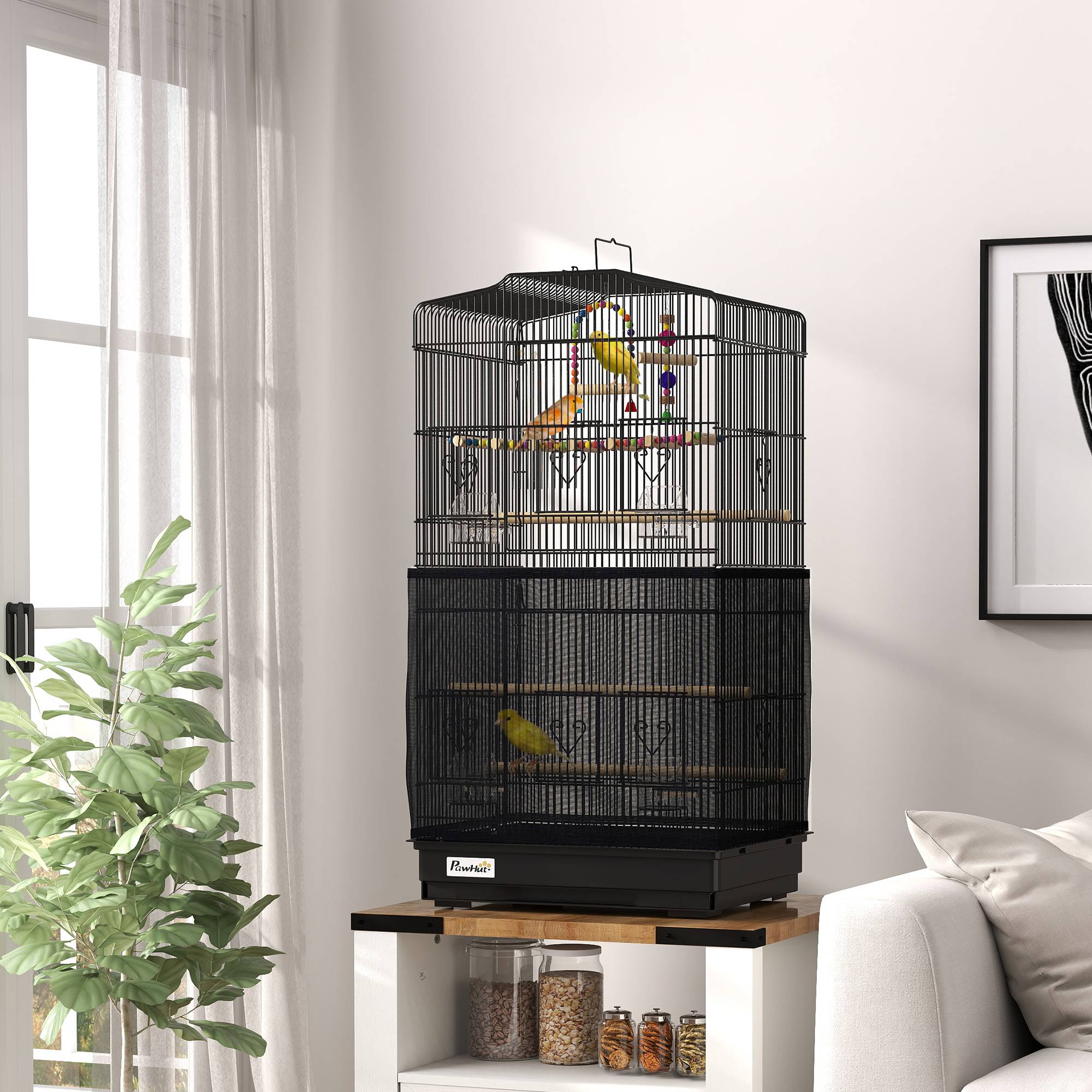 Sans Marque - Cage à oiseaux avec poignée, plateau amovible, perchoirs en bois, balançoire et gamelles, 46,5 x 35,5 x 92 cm, noire - Image 3