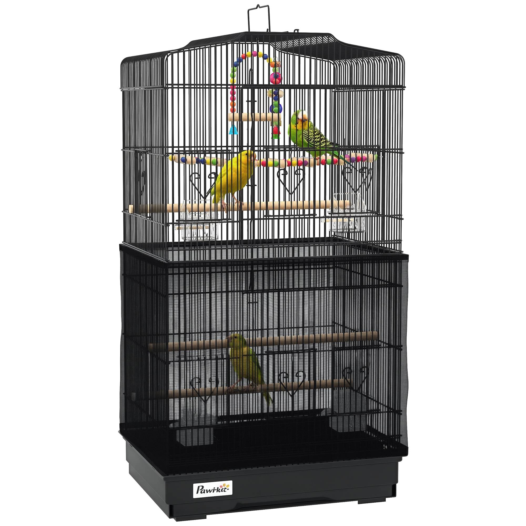 Sans Marque - Cage à oiseaux avec poignée, plateau amovible, perchoirs en bois, balançoire et gamelles, 46,5 x 35,5 x 92 cm, noire - Image 1