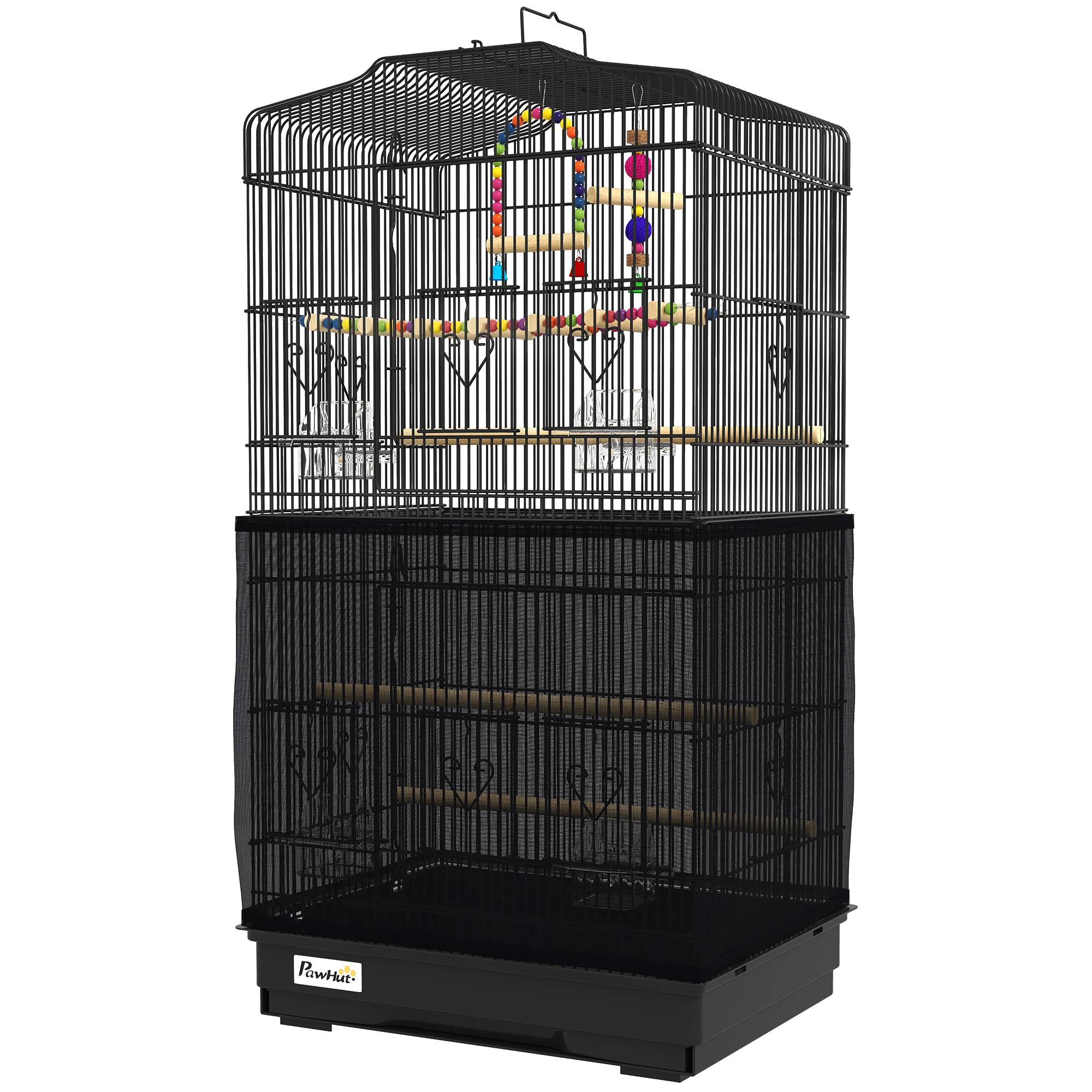 Sans Marque - Cage à oiseaux avec poignée, plateau amovible, perchoirs en bois, balançoire et gamelles, 46,5 x 35,5 x 92 cm, noire - Image 2