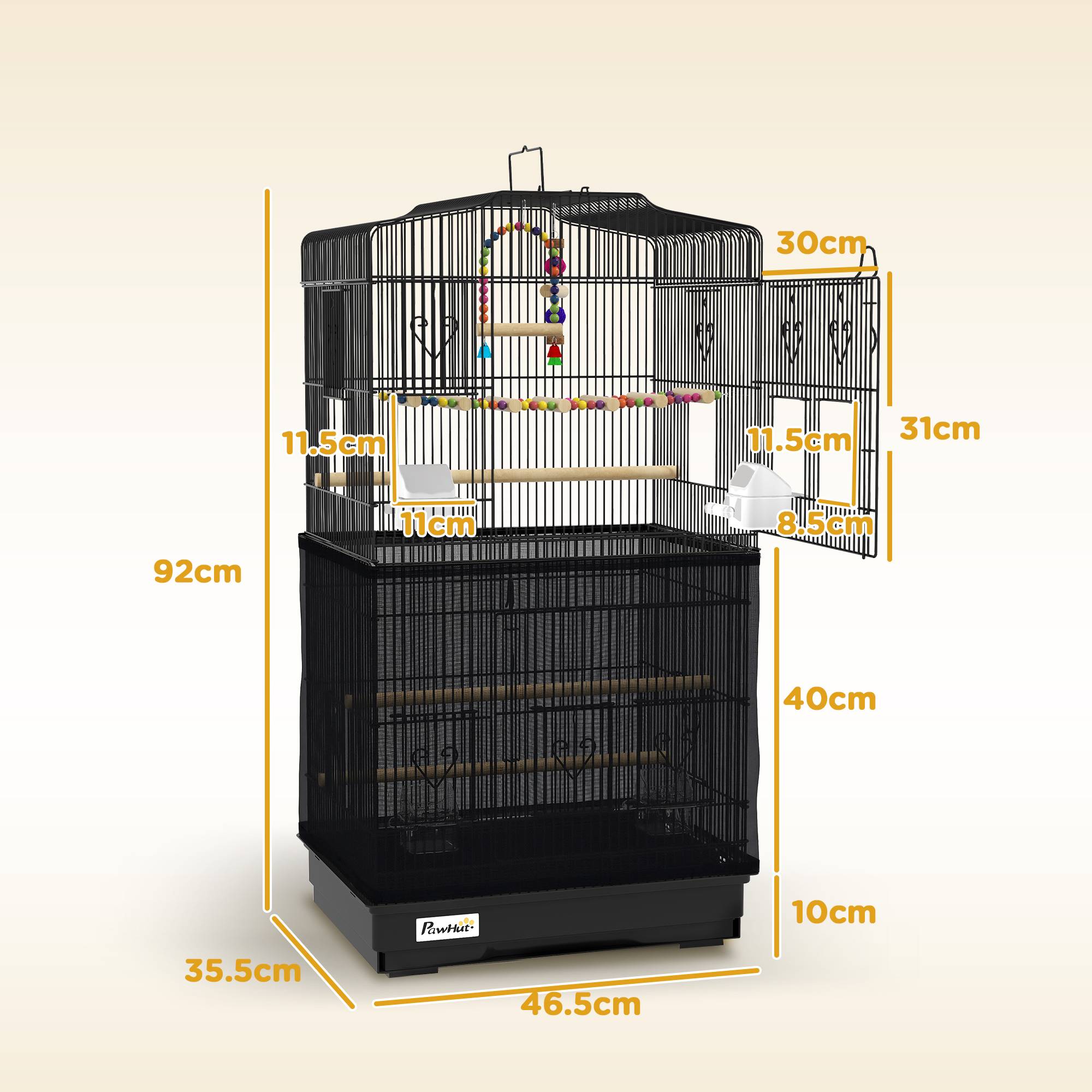 Sans Marque - Cage à oiseaux avec poignée, plateau amovible, perchoirs en bois, balançoire et gamelles, 46,5 x 35,5 x 92 cm, noire - Image 5