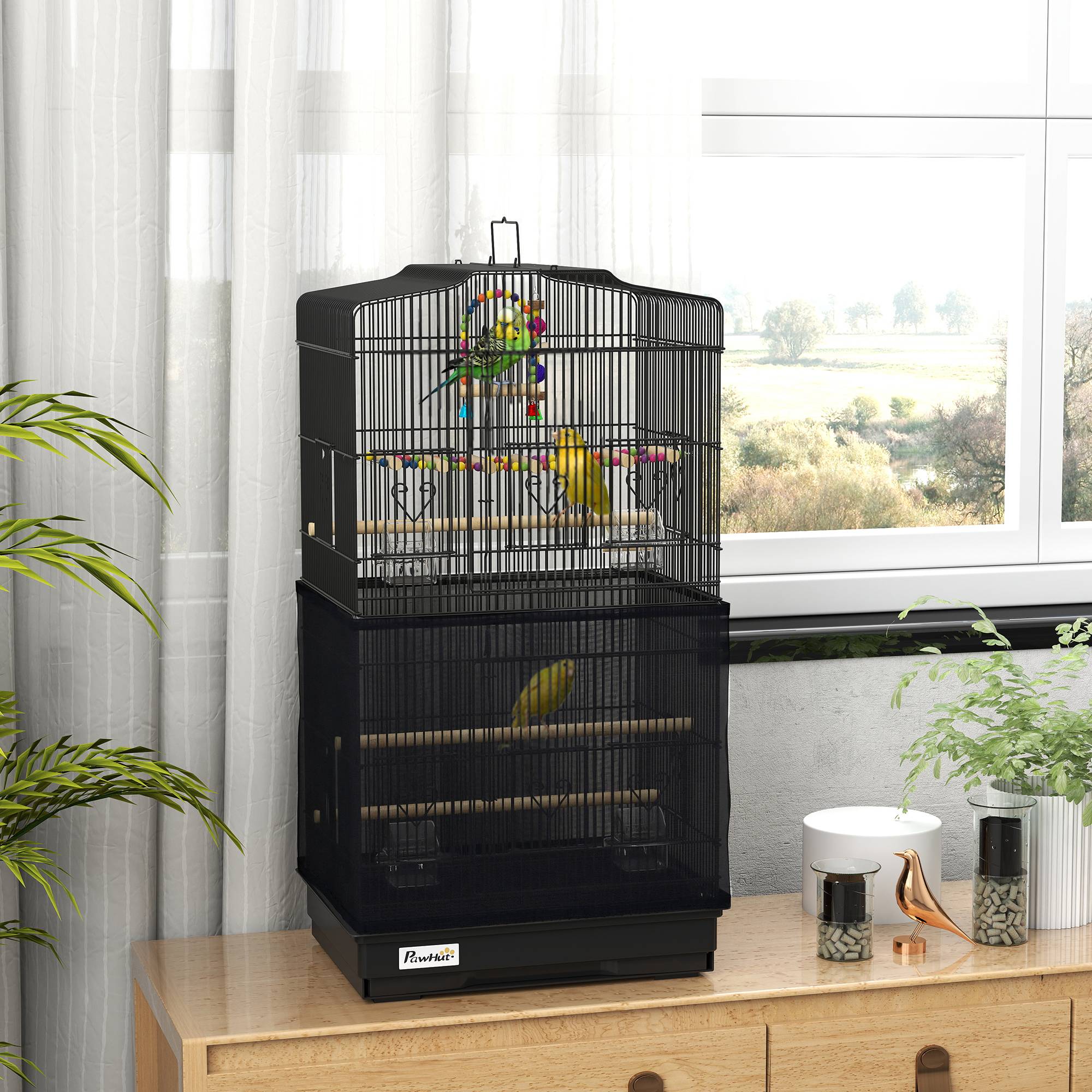 Sans Marque - Cage à oiseaux avec poignée, plateau amovible, perchoirs en bois, balançoire et gamelles, 46,5 x 35,5 x 92 cm, noire - Image 4