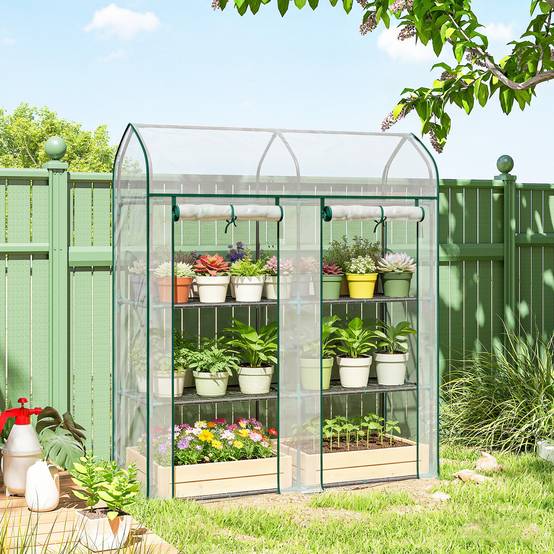 Serre Jardin Balcon PVC Plantes 3 Niveaux 2 Portes Enroulables 143x46x165cm Transparent - ComfortXL Outdoor Living - Image 4