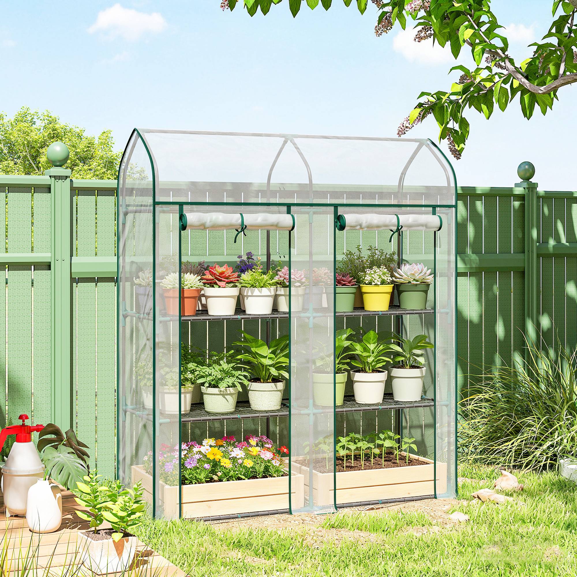 Serre Jardin Balcon PVC Plantes 3 Niveaux 2 Portes Enroulables 143x46x165cm Transparent - ComfortXL Outdoor Living - Image 4