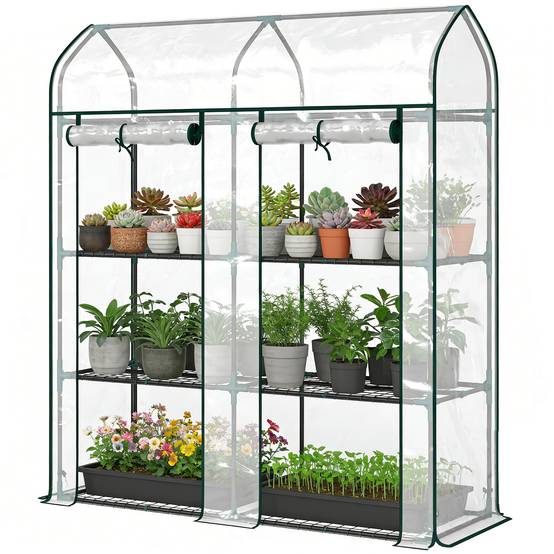 Serre Jardin Balcon PVC Plantes 3 Niveaux 2 Portes Enroulables 143x46x165cm Transparent - ComfortXL Outdoor Living - Image 2