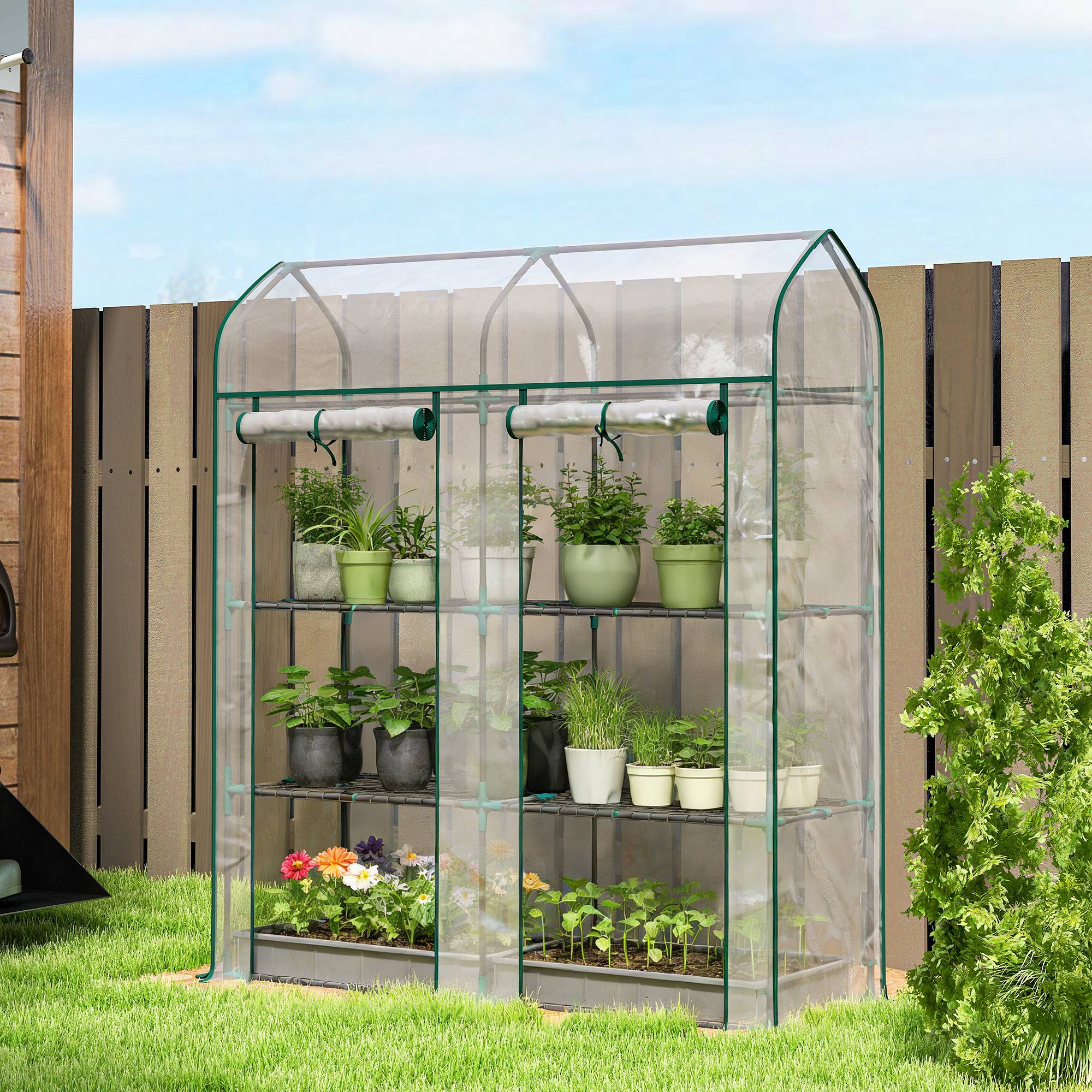 Serre Jardin Balcon PVC Plantes 3 Niveaux 2 Portes Enroulables 143x46x165cm Transparent - ComfortXL Outdoor Living - Image 3
