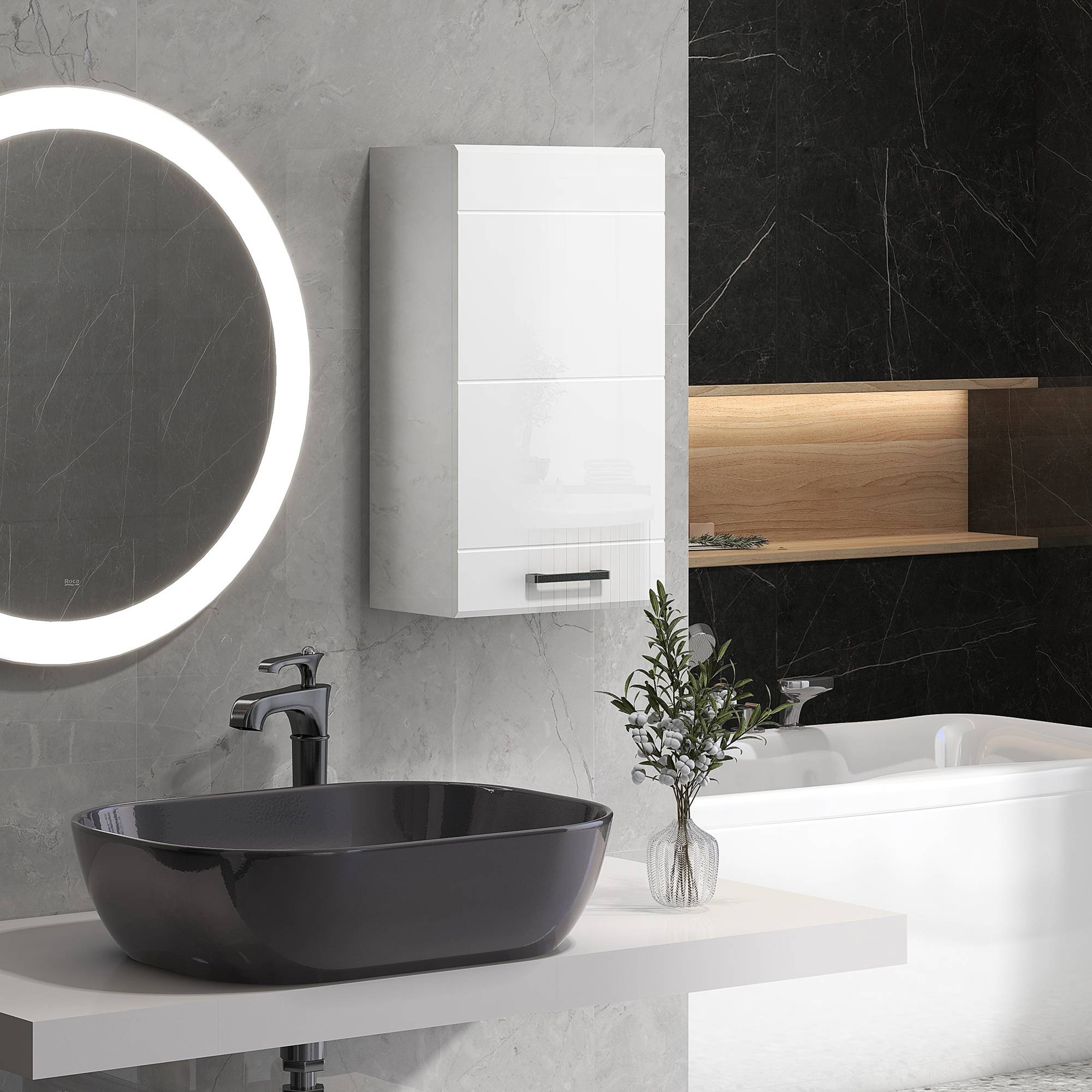 Sans Marque - Armoire murale salle bain 1 porte étagère réglable hauteur 3 niveaux 37x22,5x70 cm blanc haut brillant - Image 3