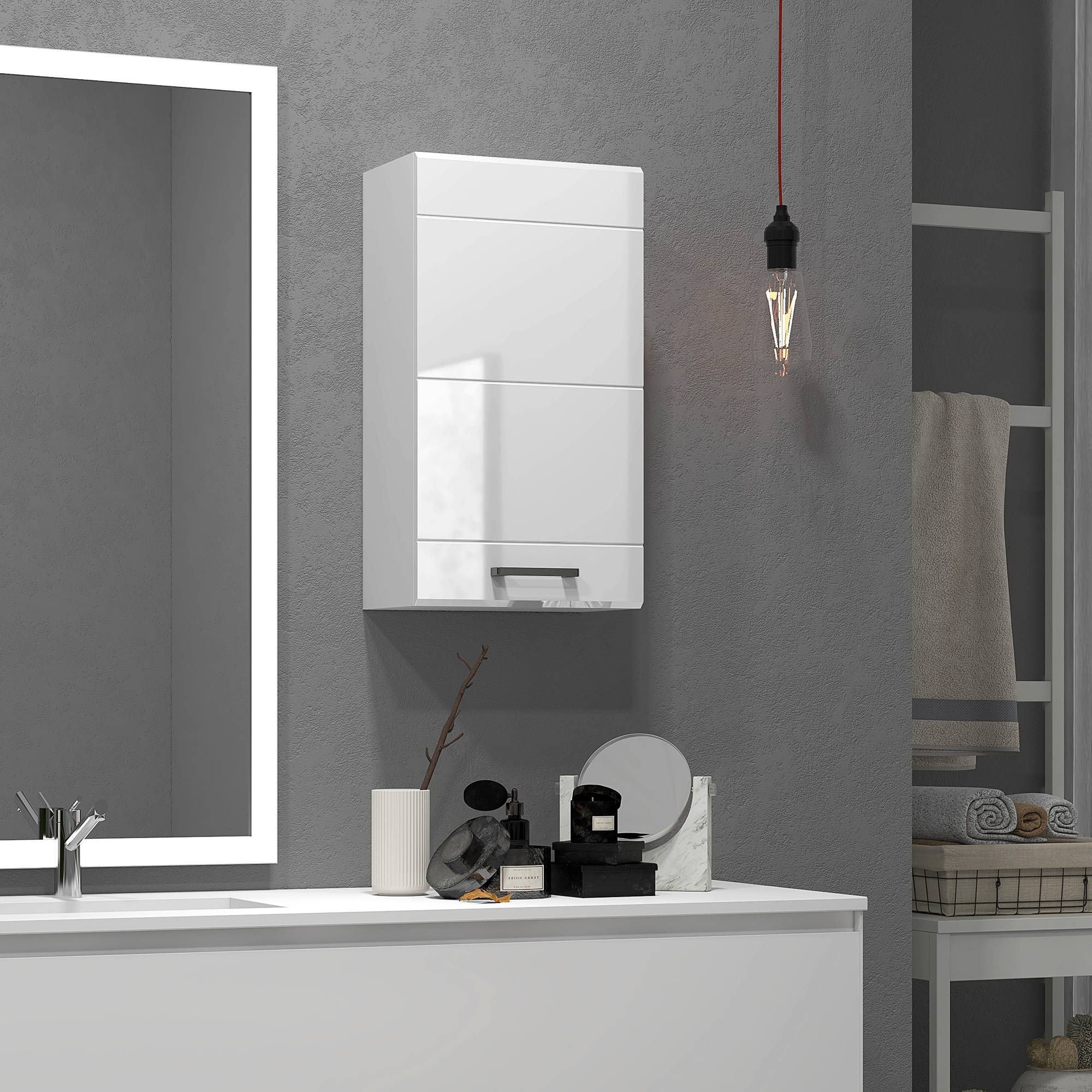 Sans Marque - Armoire murale salle bain 1 porte étagère réglable hauteur 3 niveaux 37x22,5x70 cm blanc haut brillant - Image 4