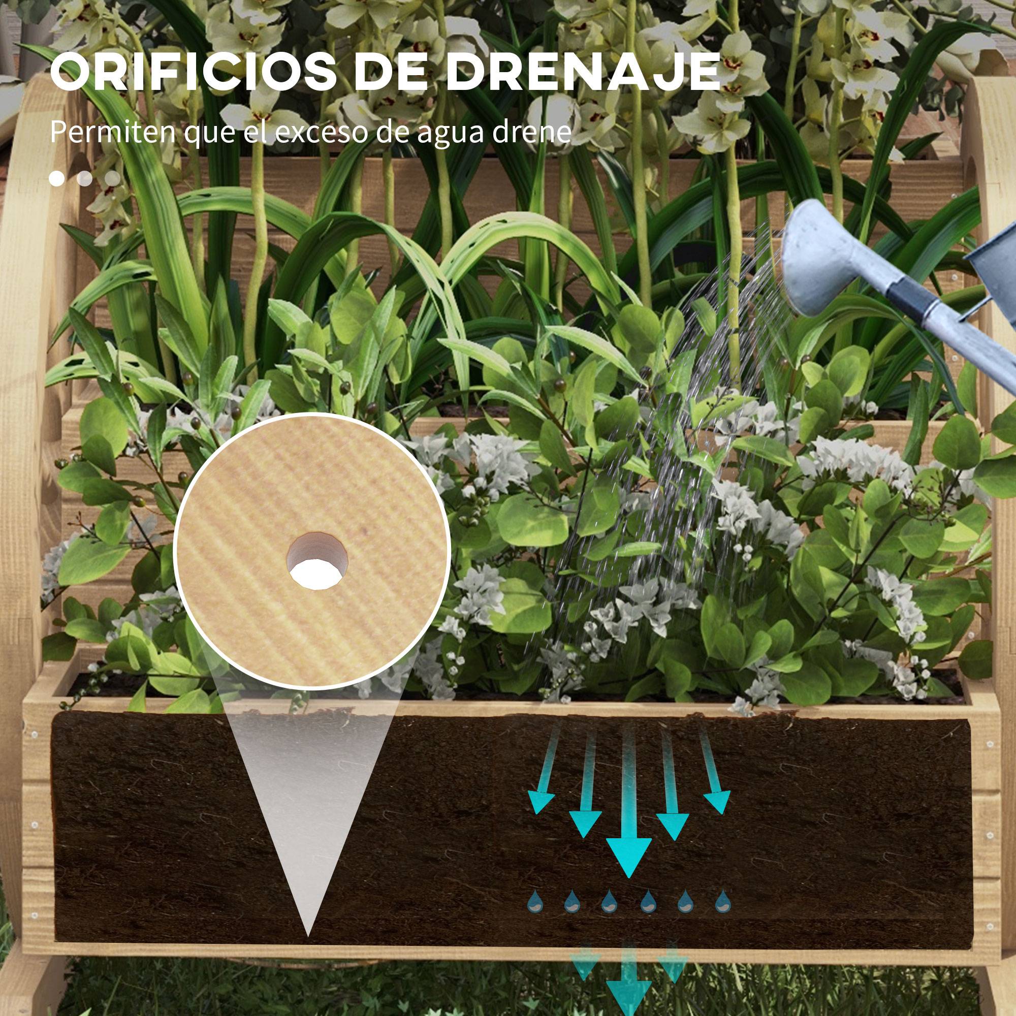 Jardinière en bois, pot de fleurs d'extérieur à 3 niveaux, design échelle, trous de drainage, 61 x 62 x 57 cm, naturel - Image 7