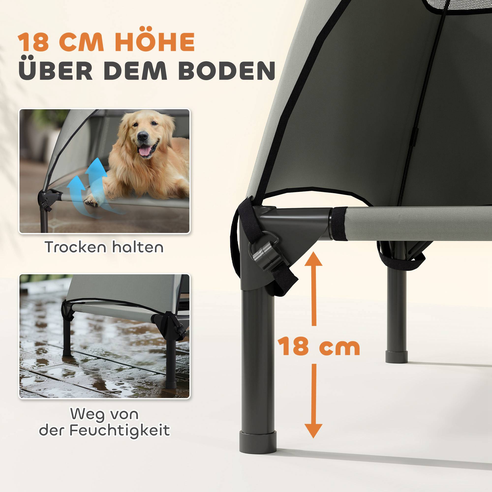 ComfortXL - Lit surélevé pour grand chien avec auvent polyester acier 106 x 76 x 99 cm gris clair extérieur frais et respirant - Image 5
