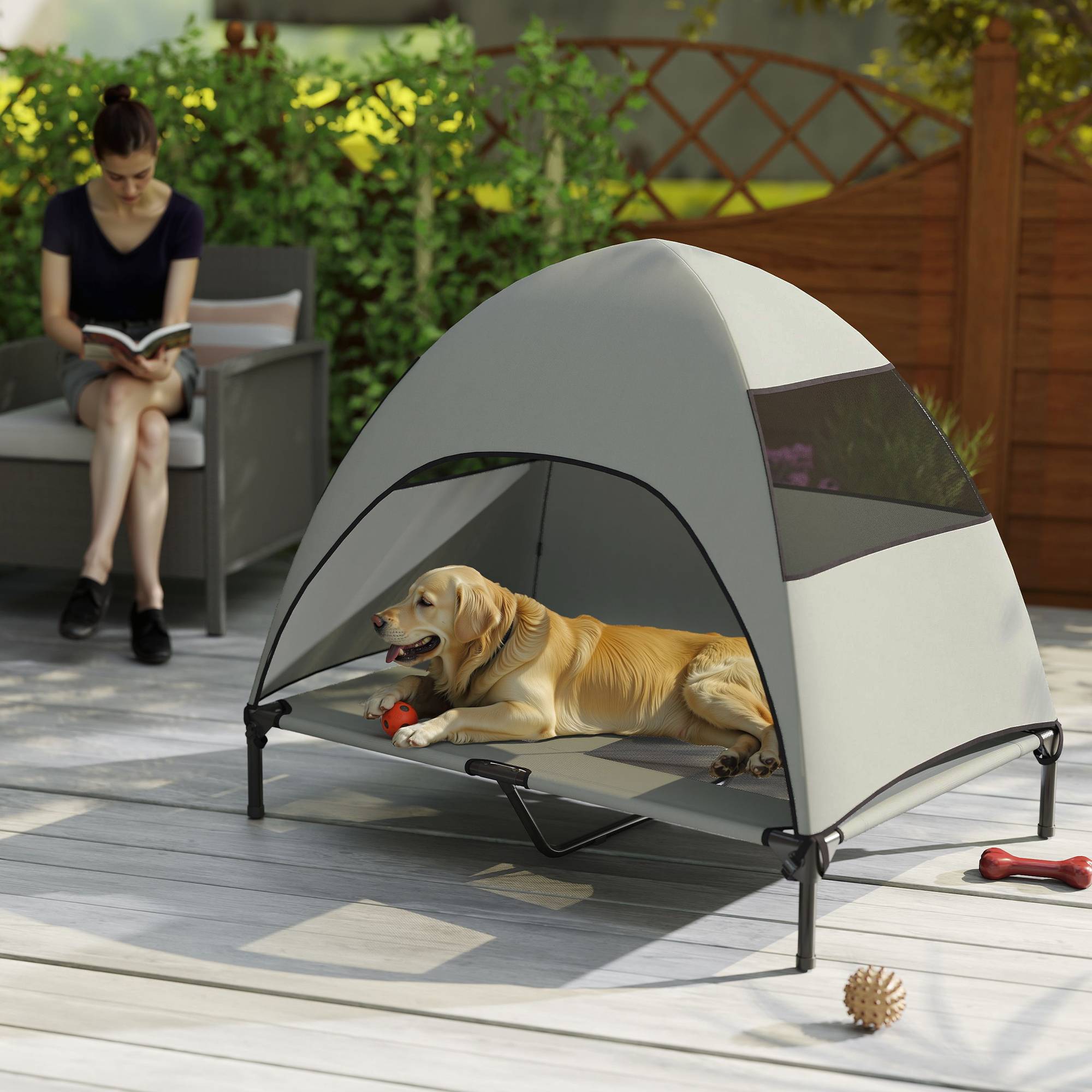 ComfortXL - Lit surélevé pour grand chien avec auvent polyester acier 106 x 76 x 99 cm gris clair extérieur frais et respirant - Image 9