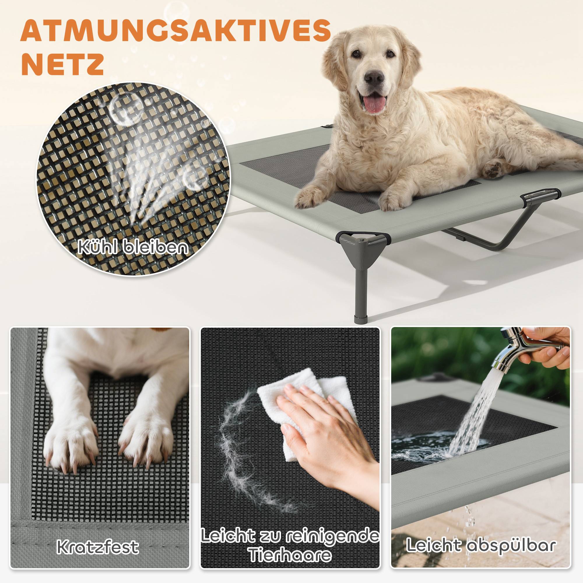 ComfortXL - Lit surélevé pour grand chien avec auvent polyester acier 106 x 76 x 99 cm gris clair extérieur frais et respirant - Image 6