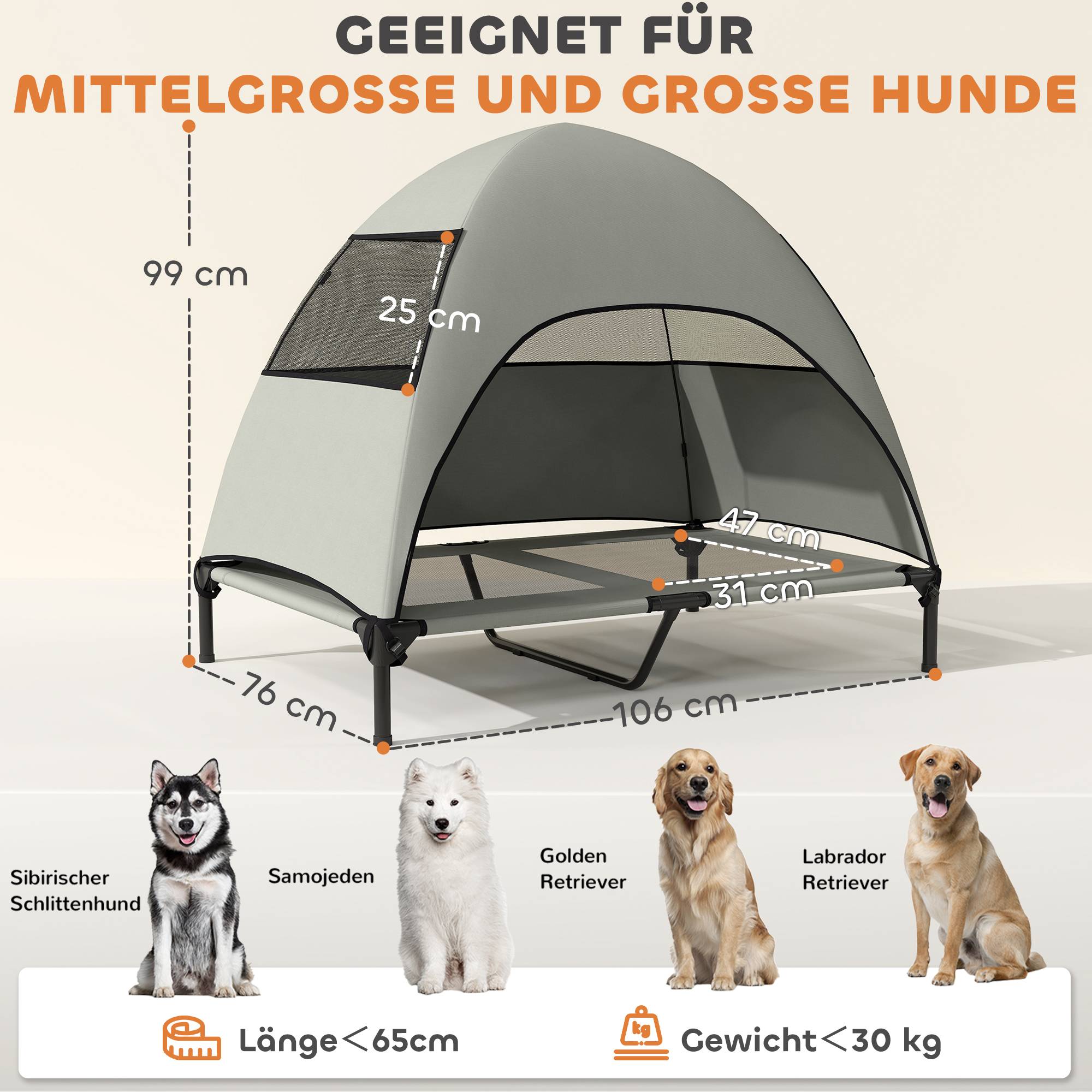 ComfortXL - Lit surélevé pour grand chien avec auvent polyester acier 106 x 76 x 99 cm gris clair extérieur frais et respirant - Image 3