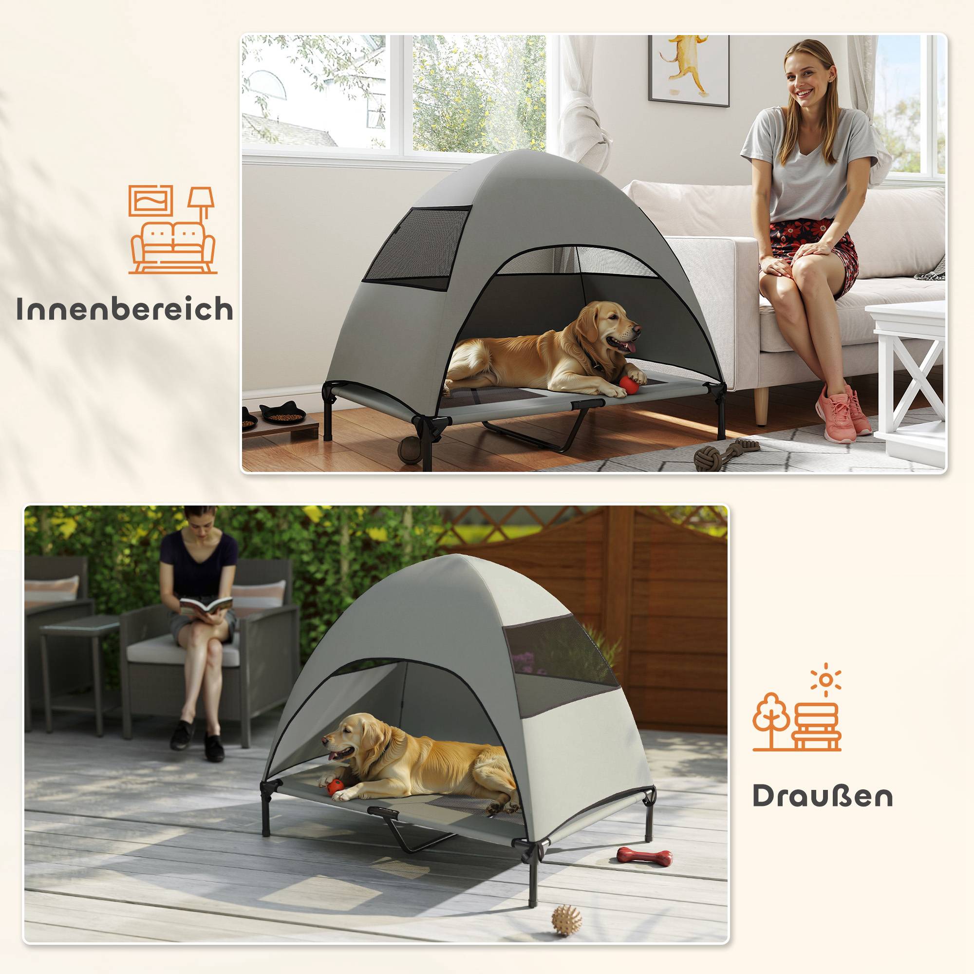 ComfortXL - Lit surélevé pour grand chien avec auvent polyester acier 106 x 76 x 99 cm gris clair extérieur frais et respirant - Image 7