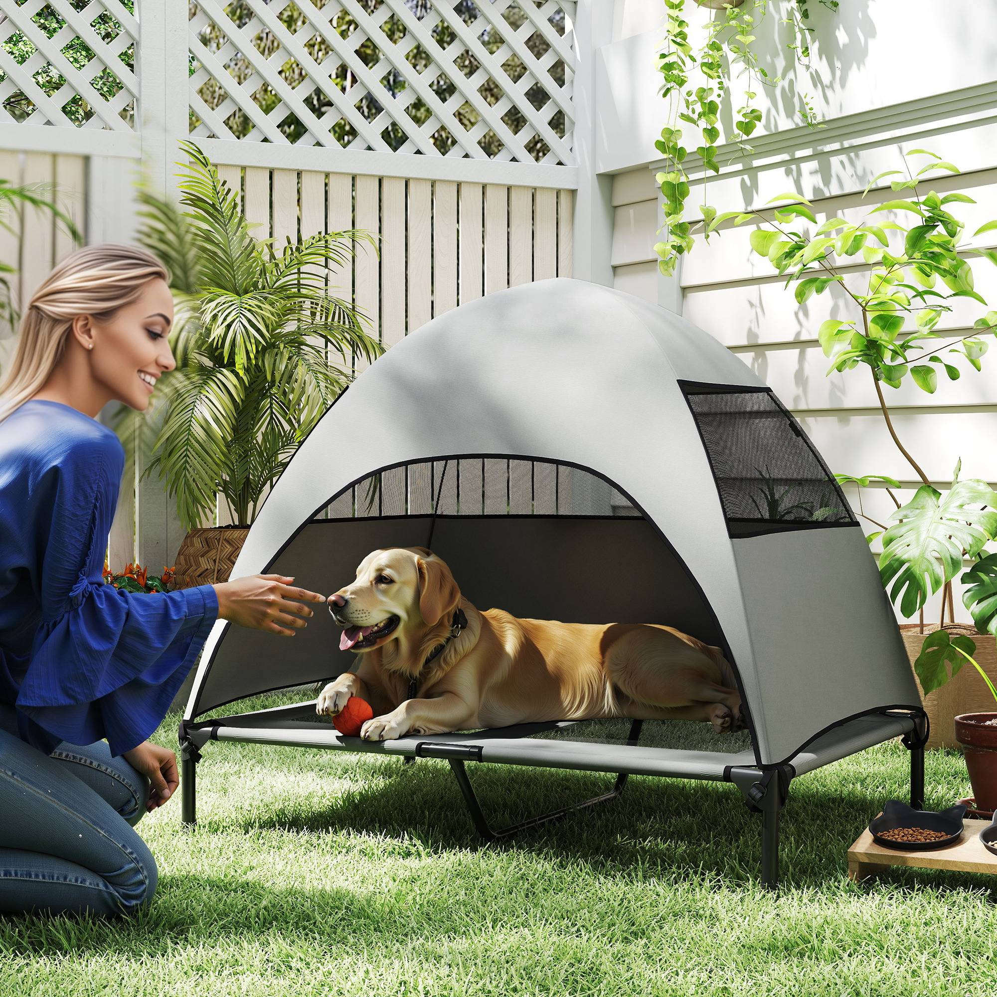 ComfortXL - Lit surélevé pour grand chien avec auvent polyester acier 106 x 76 x 99 cm gris clair extérieur frais et respirant - Image 1