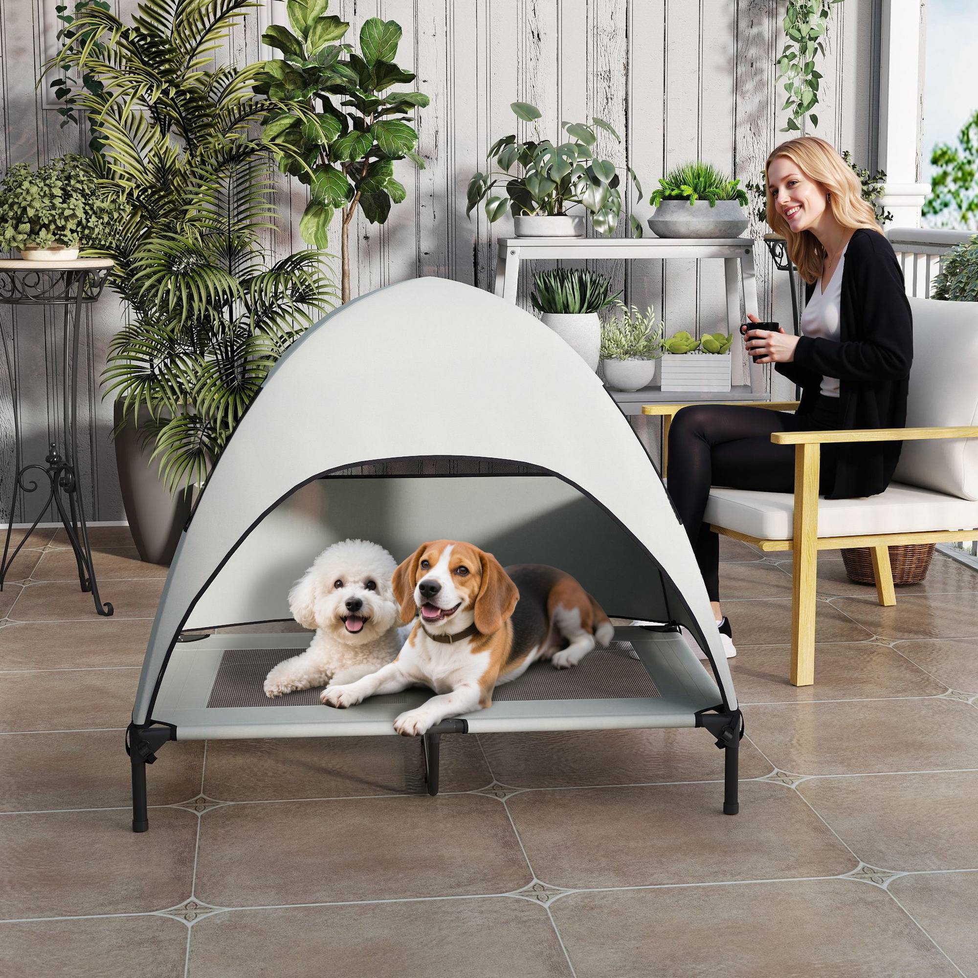ComfortXL - Lit surélevé pour grand chien avec auvent polyester acier 106 x 76 x 99 cm gris clair extérieur frais et respirant - Image 8