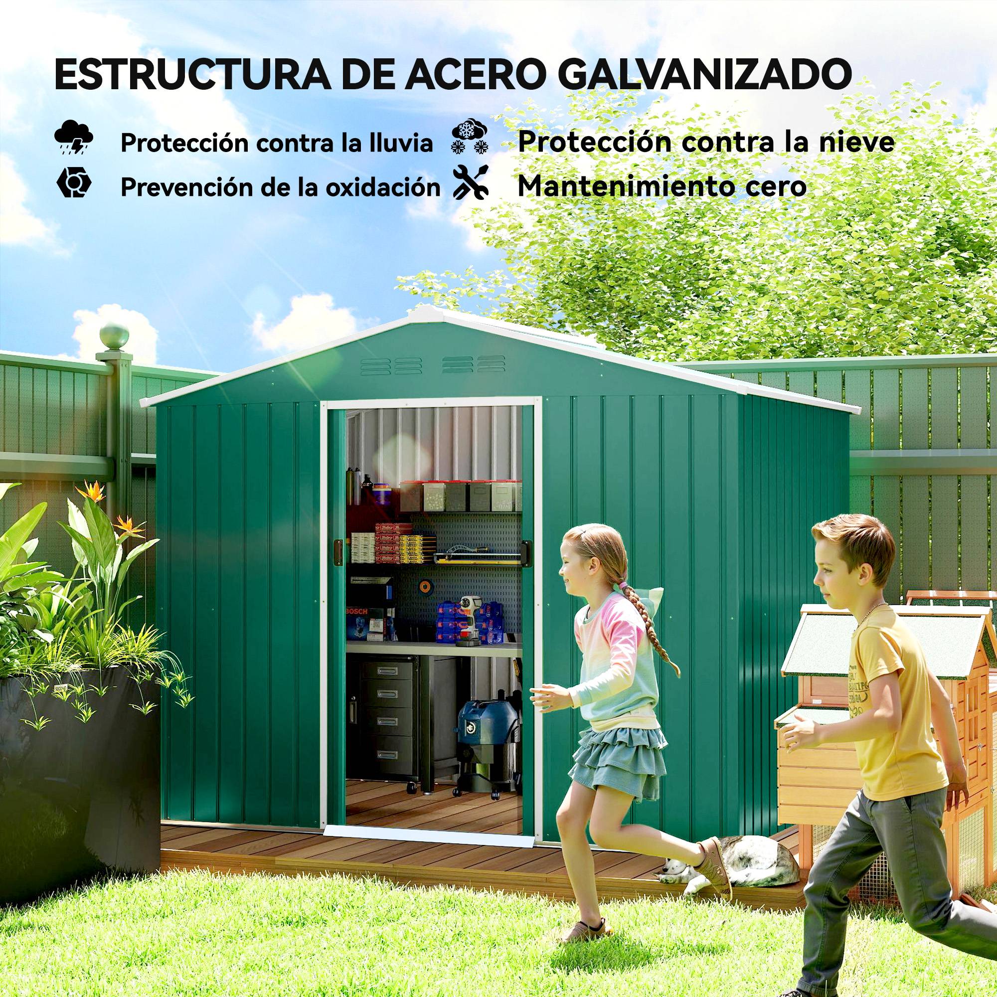 Abri de jardin extérieur 3,6 m² (236 x 171 x 191 cm) avec portes coulissantes et aérations, vert - Image 6