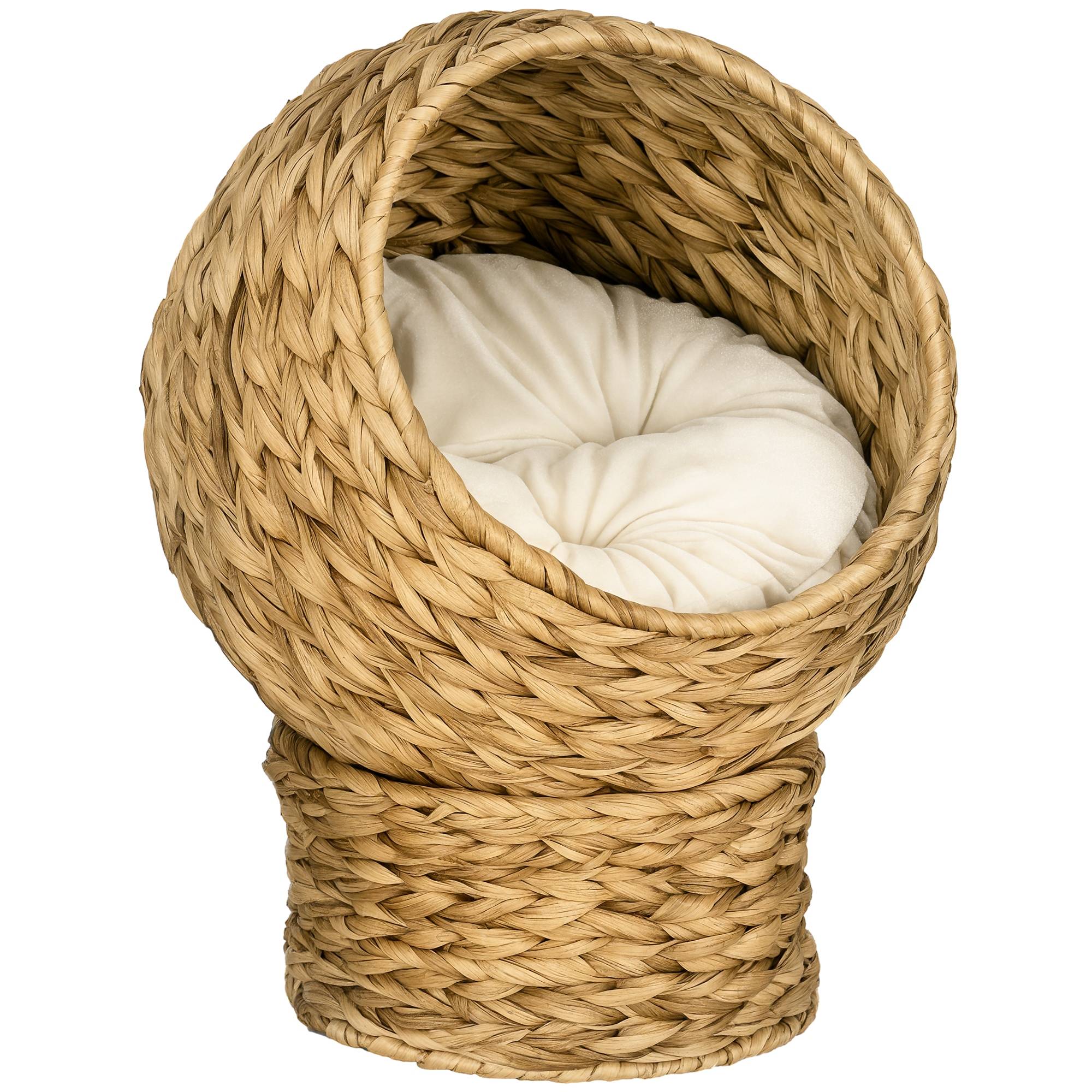 Panier pour chat en osier, niche détachable avec coussin amovible, 40 x 37 x 51 cm, marron et beige - Image 1