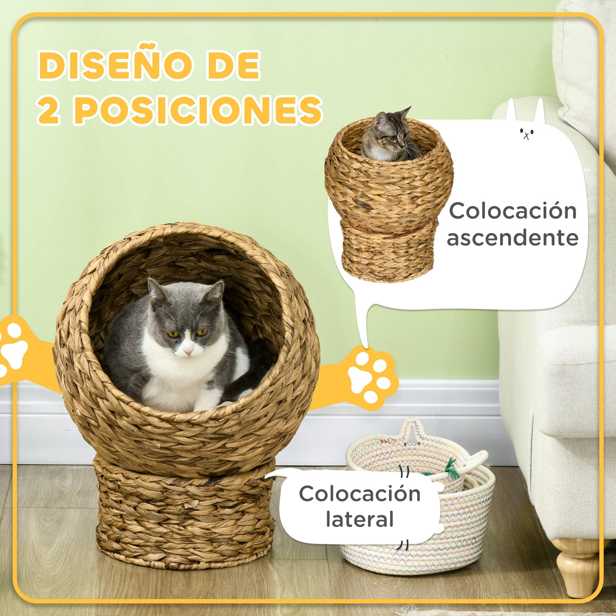Panier pour chat en osier, niche détachable avec coussin amovible, 40 x 37 x 51 cm, marron et beige - Image 6
