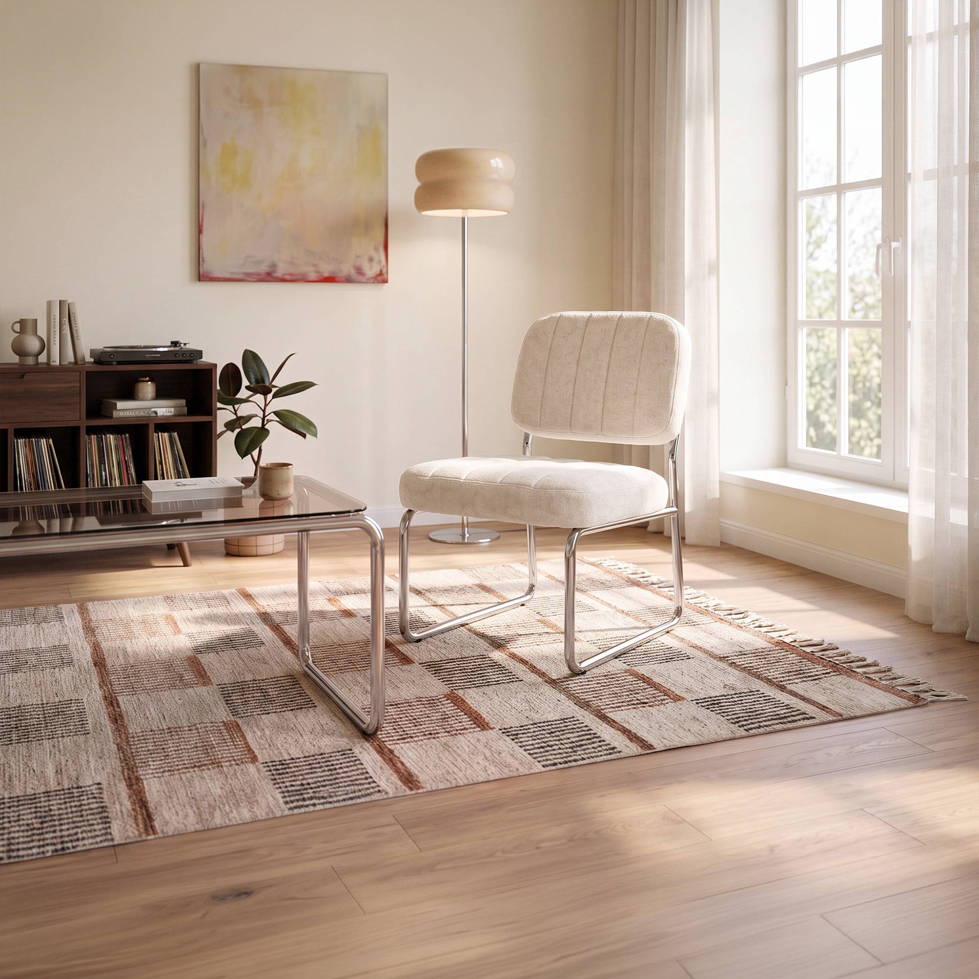 Sicaan Fauteuil beige rembourré pieds chromés et tissu chenille - PAOLA - Image 5
