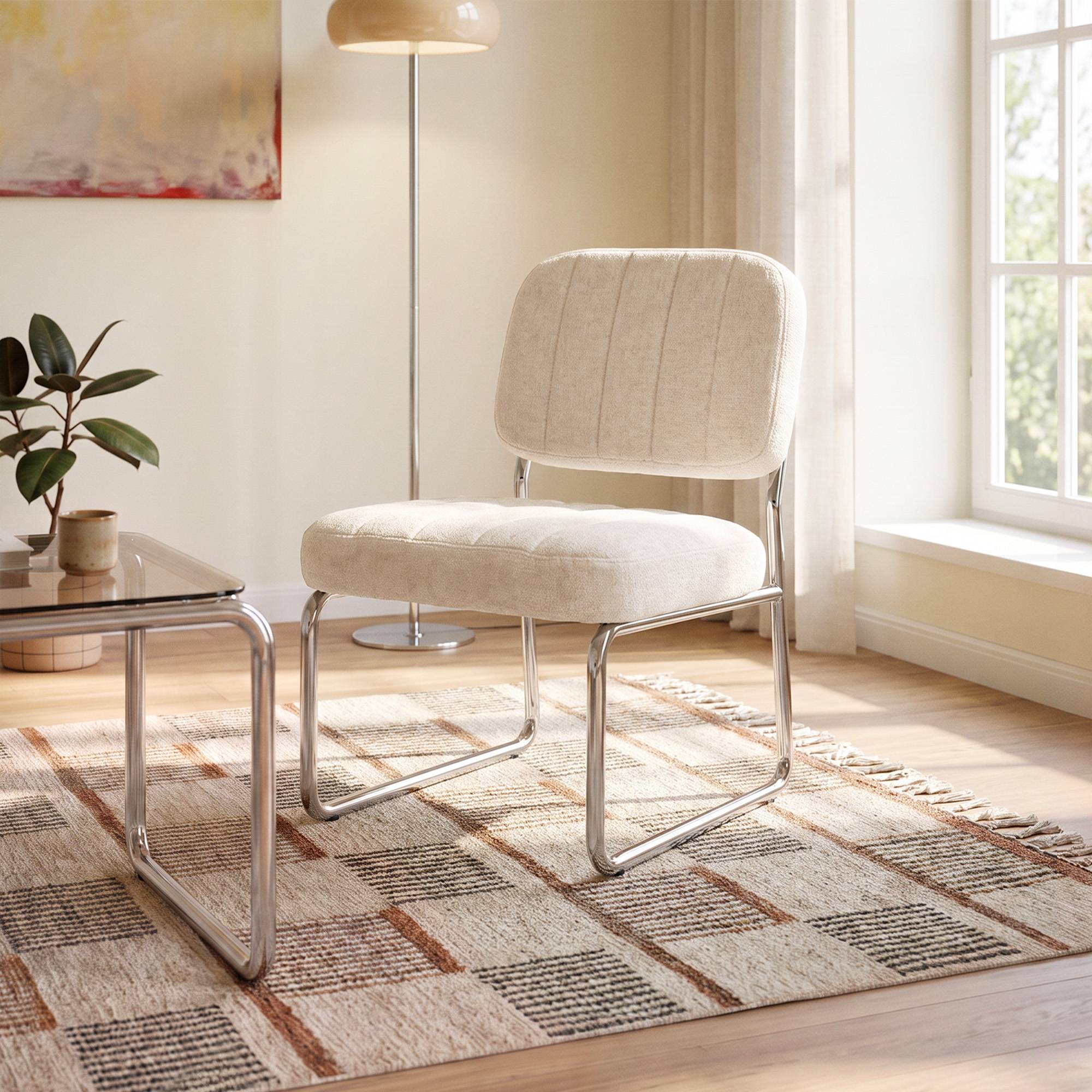 Sicaan Fauteuil beige rembourré pieds chromés et tissu chenille - PAOLA
