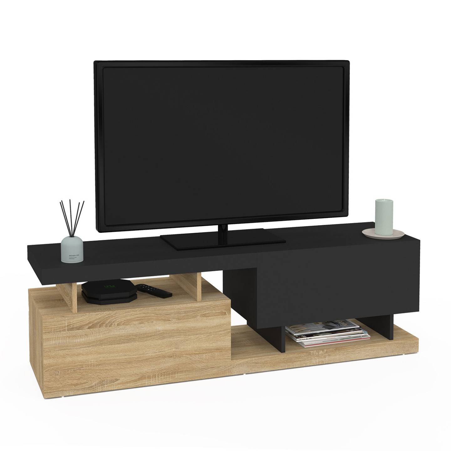 Meuble TV 140 cm ANGULO 2 portes effet bois et noir - Image 2