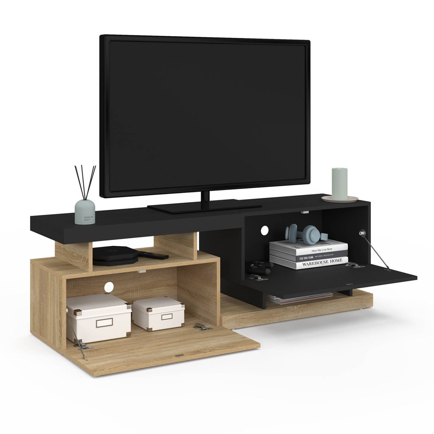 Meuble TV 140 cm ANGULO 2 portes effet bois et noir - Image 4