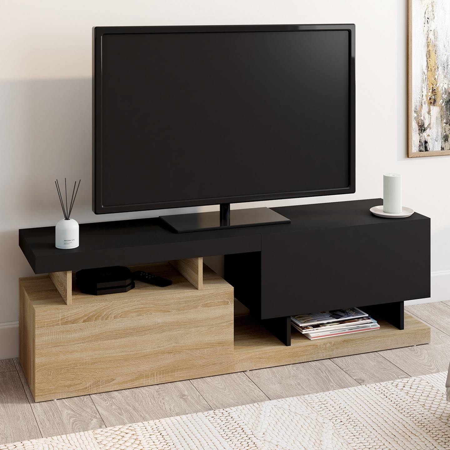Meuble TV 140 cm ANGULO 2 portes effet bois et noir - Image 1