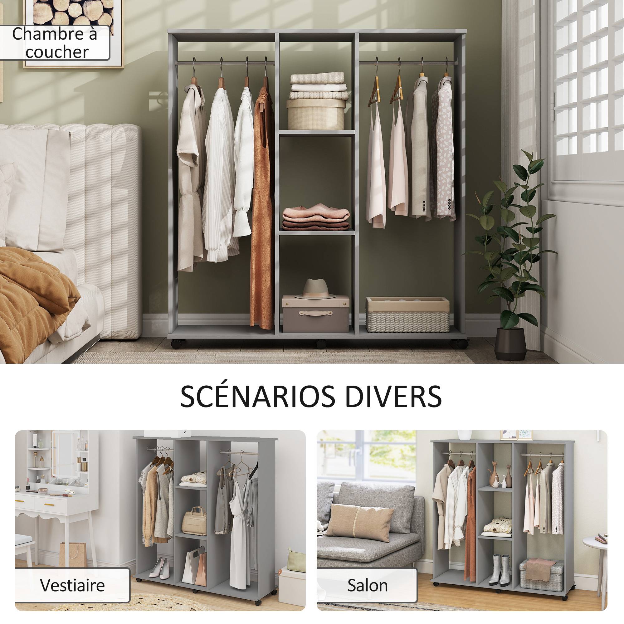 Sans Marque - Armoire penderie meuble de rangement mobile 6 roulettes 120 x 40 x 128 cm en bois gris - Image 7
