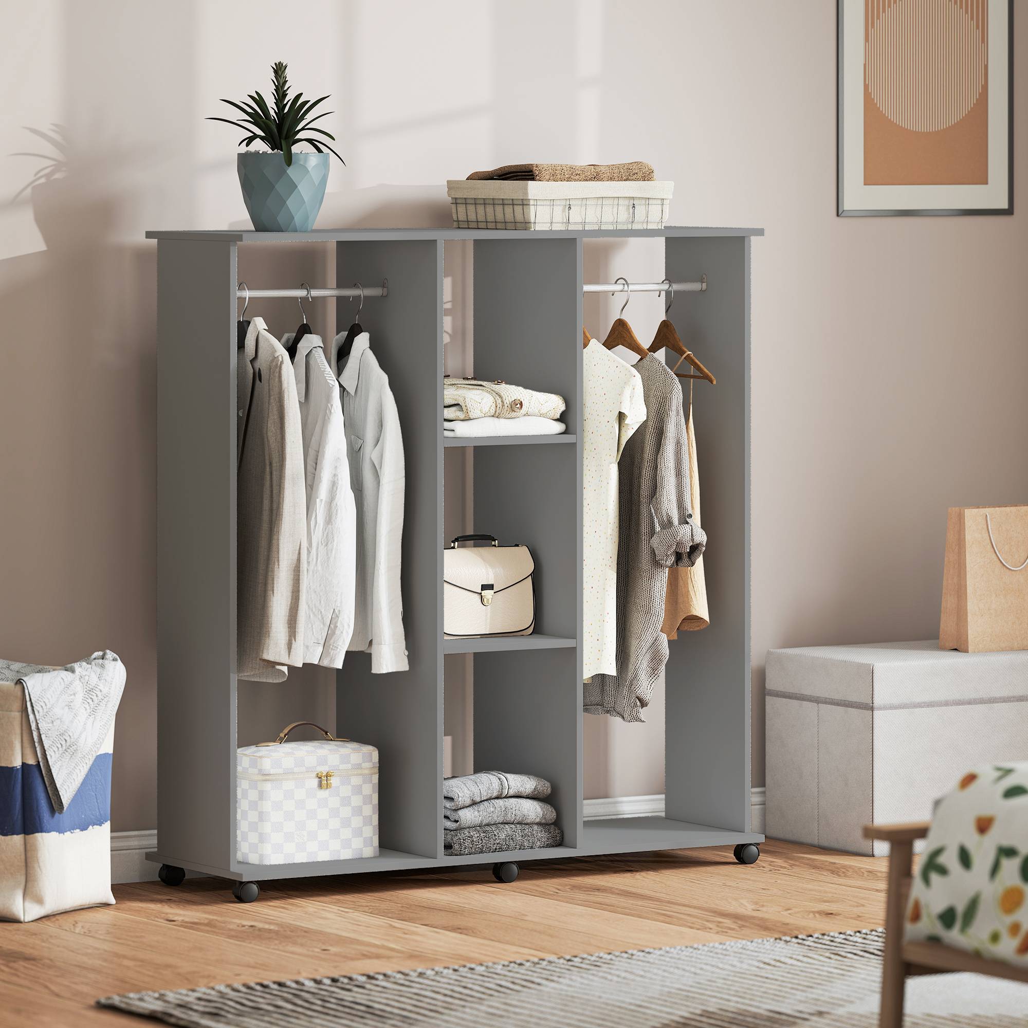 Sans Marque - Armoire penderie meuble de rangement mobile 6 roulettes 120 x 40 x 128 cm en bois gris - Image 3
