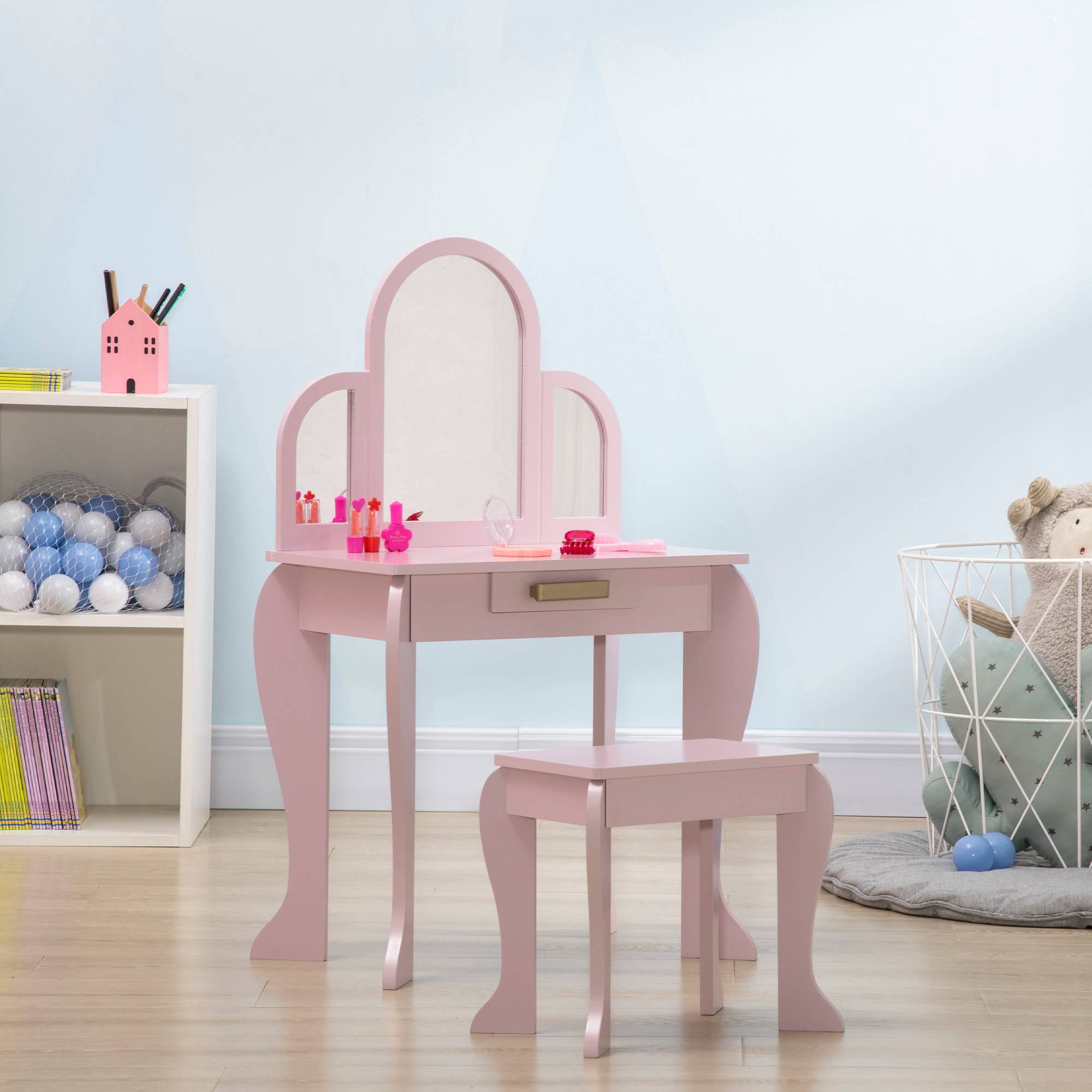 Sans Marque - Coiffeuse pour enfant avec tabouret 3 miroirs et tiroir 3 à 6 ans 52 x 32 x 85 cm rose - Image 4
