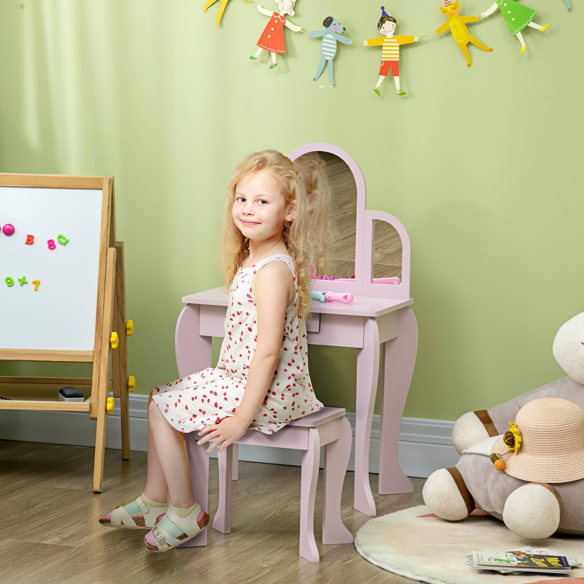 Sans Marque - Coiffeuse pour enfant avec tabouret 3 miroirs et tiroir 3 à 6 ans 52 x 32 x 85 cm rose - Image 3