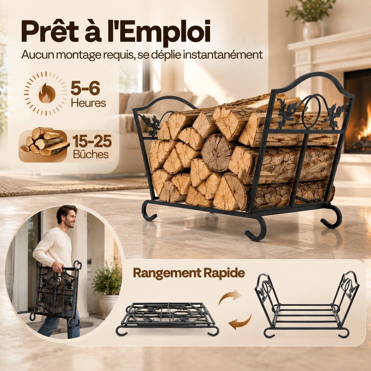 Support à Bûches Pliable en Métal Intérieur Extérieur - Image 2
