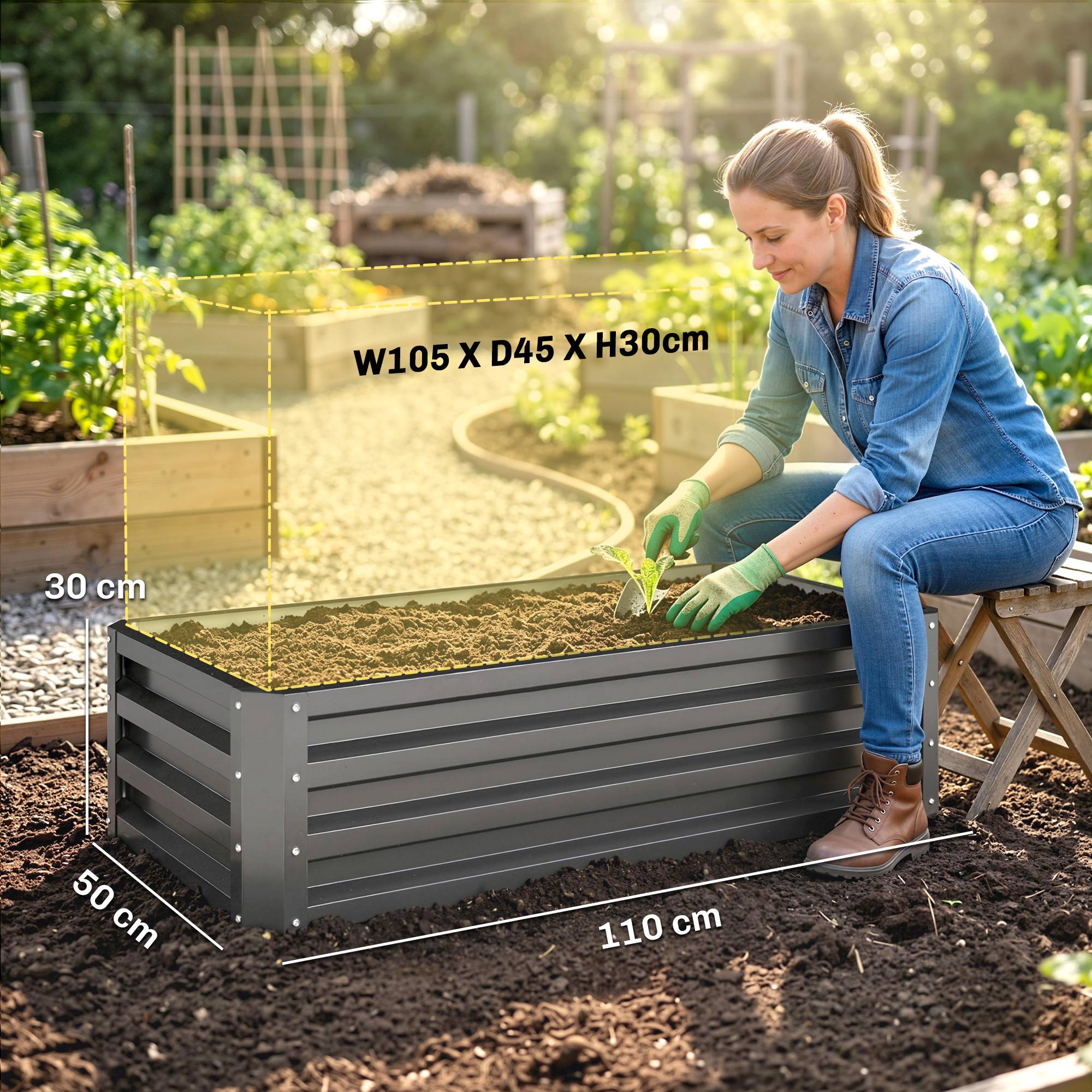 ComfortXL - Lot 2 carrés potagers métal acier galvanisé jardin balcon fond ouvert 110x50x30cm gris foncé - ComfortXL Outdoor Living - Image 5