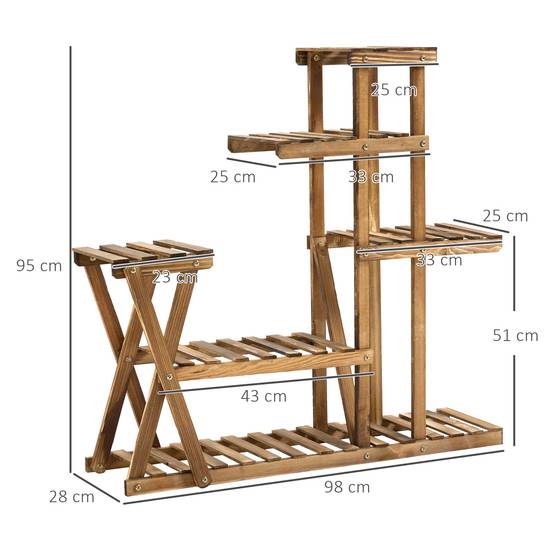 Support à Plantes en Bois 5 Niveaux avec Pieds, 60 kg, Intérieur/Extérieur, 98 x 28 x 95 cm, Finition Carbonisée - Image 5