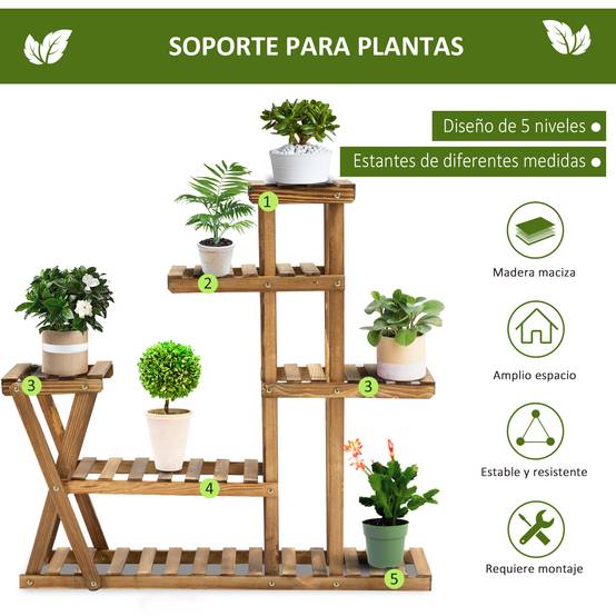 Support à Plantes en Bois 5 Niveaux avec Pieds, 60 kg, Intérieur/Extérieur, 98 x 28 x 95 cm, Finition Carbonisée - Image 6