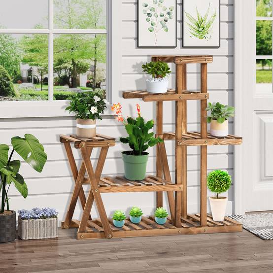Support à Plantes en Bois 5 Niveaux avec Pieds, 60 kg, Intérieur/Extérieur, 98 x 28 x 95 cm, Finition Carbonisée - Image 3